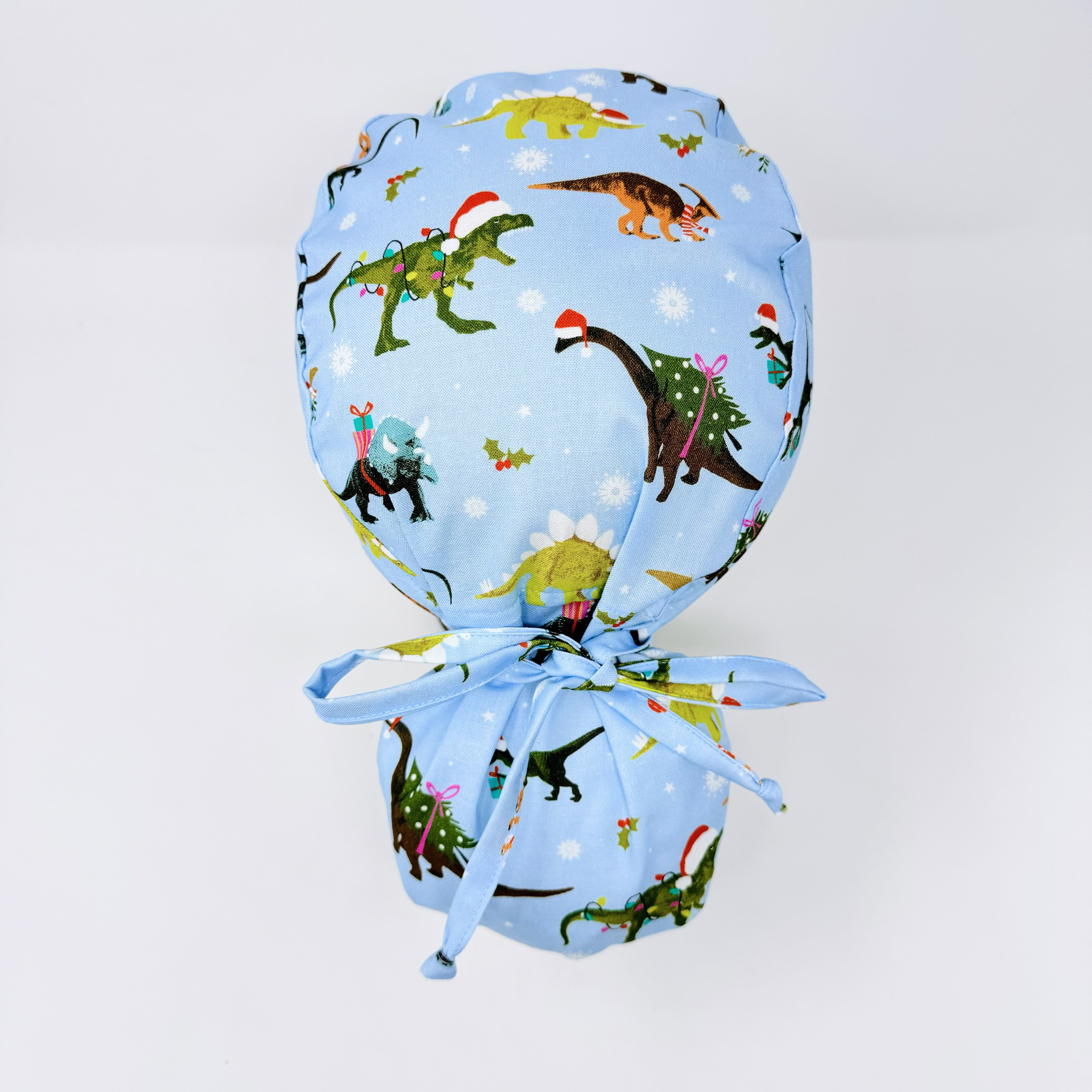 Christmas ponytail scrub cap, dinosaurs print