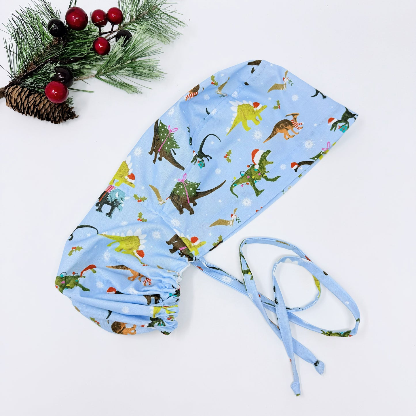 Christmas ponytail scrub cap, dinosaurs print