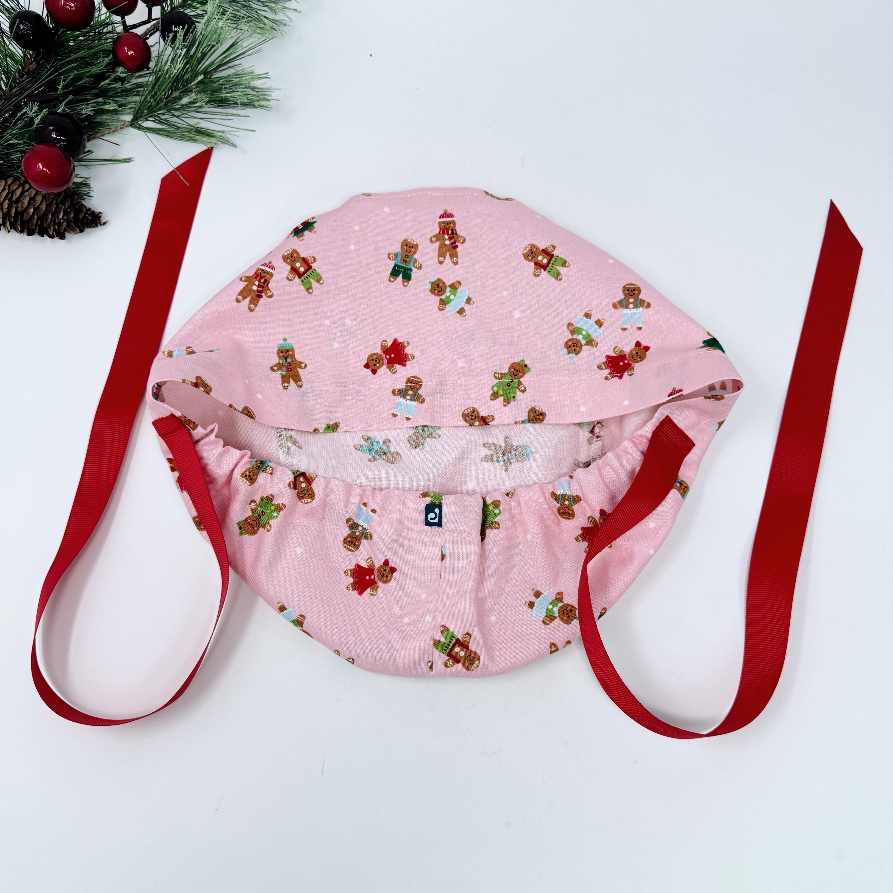 Gingerbread Euro scrub cap with ties for Women, Cute Christmas European Surgical cap with Satin Lined by Paradise Caps. Euro PLUS style Pink