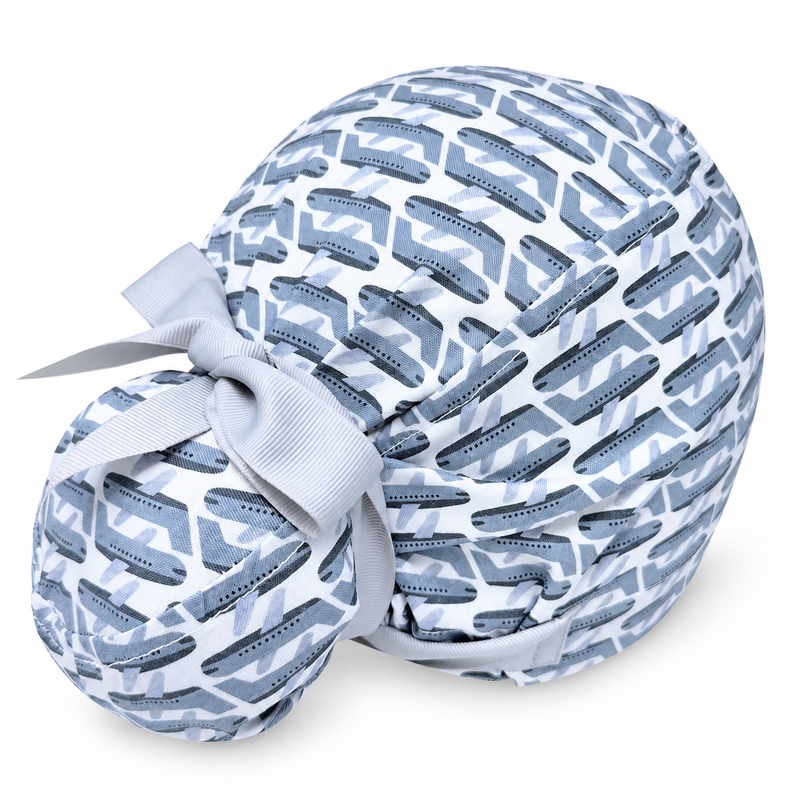 Gray Airplanes euro plus scrub cap with soft shadow on white, mannequin-free close-up