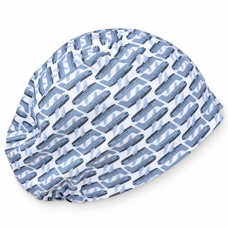 Gray Airplanes euro scrub cap with soft shadow on white, mannequin-free close-up