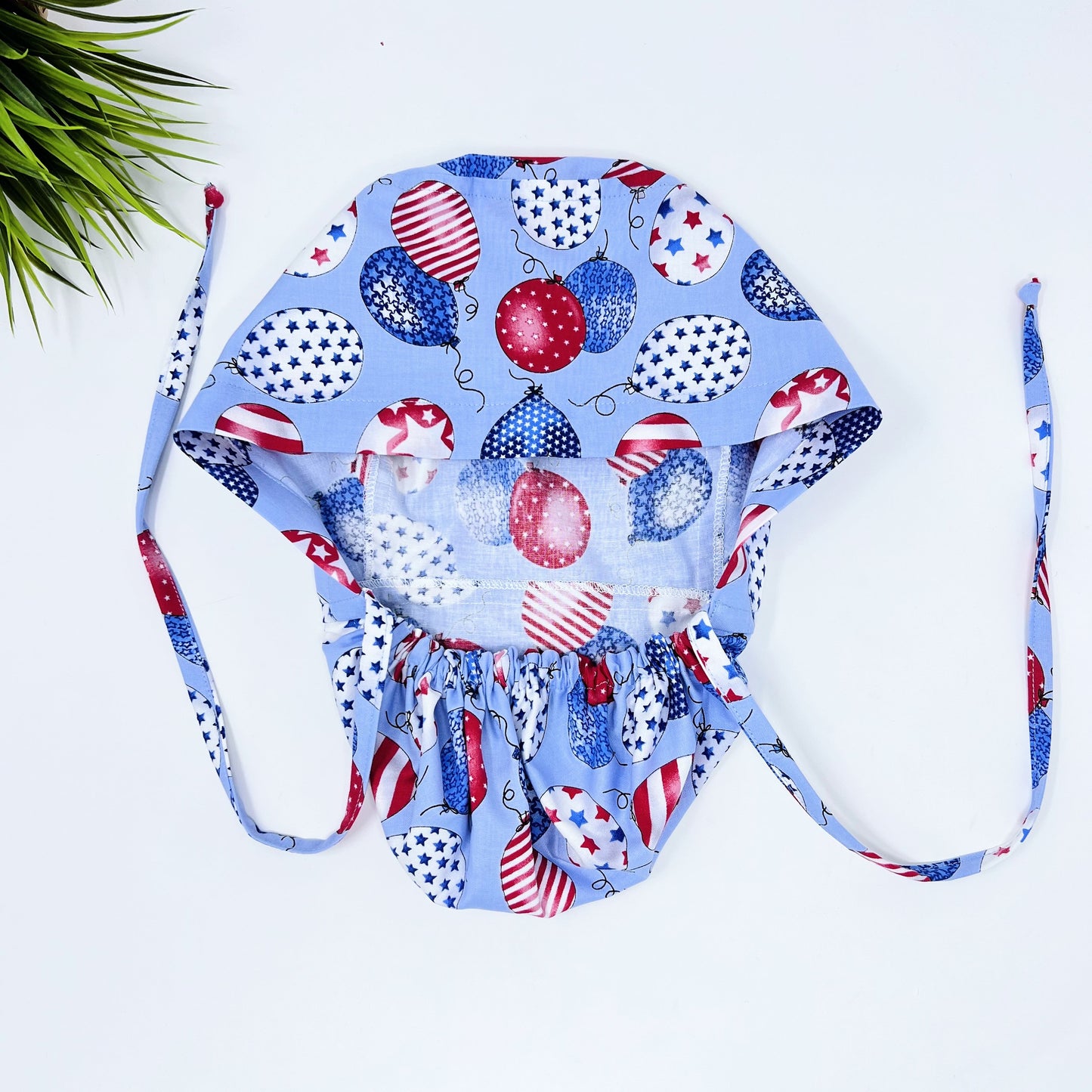 Patriotic Balloons Ponytail scrub cap, Surgical cap women. Satin Lined Option Surgical cap with ponytail.