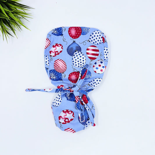 Patriotic Balloons Ponytail scrub cap, Surgical cap women. Satin Lined Option Surgical cap with ponytail.