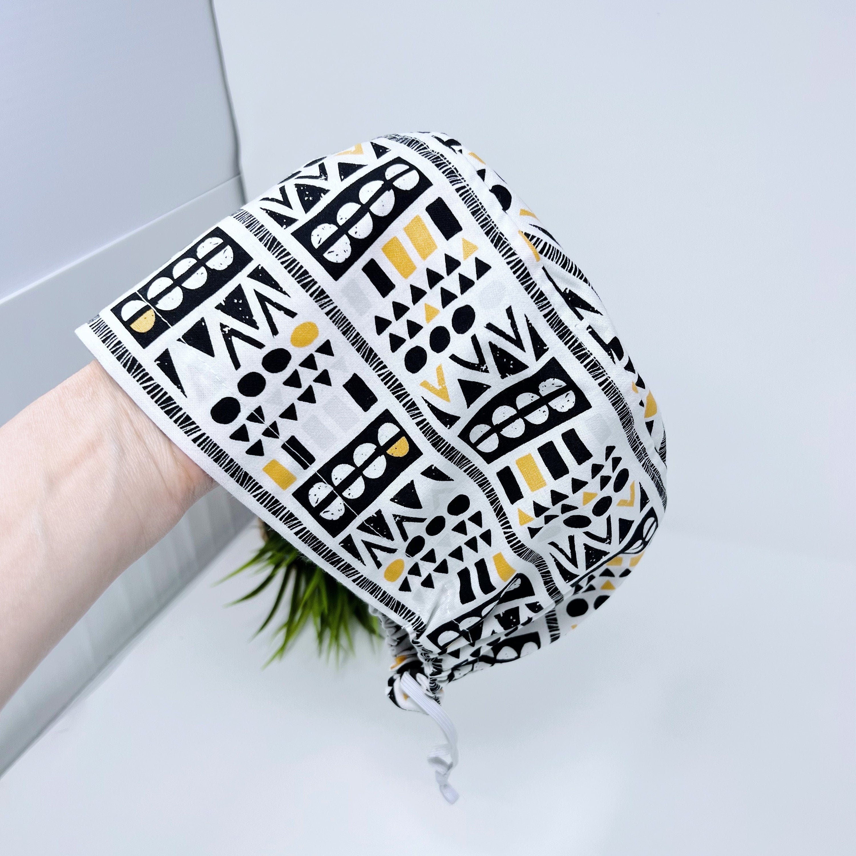 Euro scrub cap for women. Yellow and black European satin lined surgical cap by Paradise Caps.