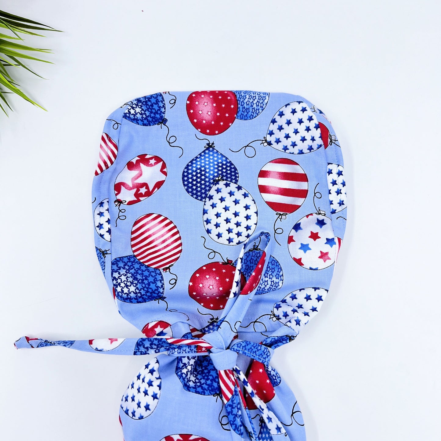 Patriotic Balloons Ponytail scrub cap, Surgical cap women. Satin Lined Option Surgical cap with ponytail.