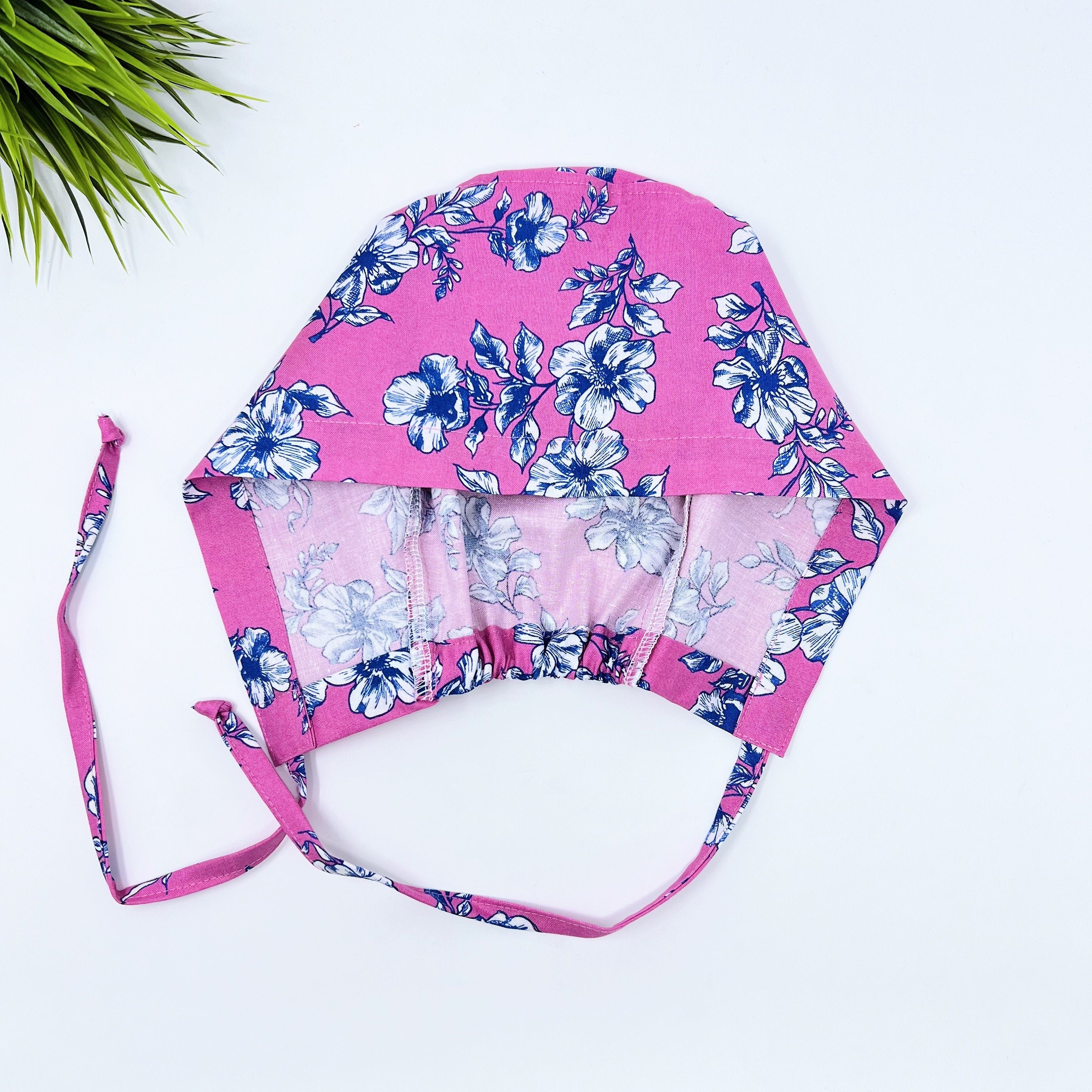 Blue Flower surgical cap. Skull tie-back style scrub hat option by Paradise Caps.