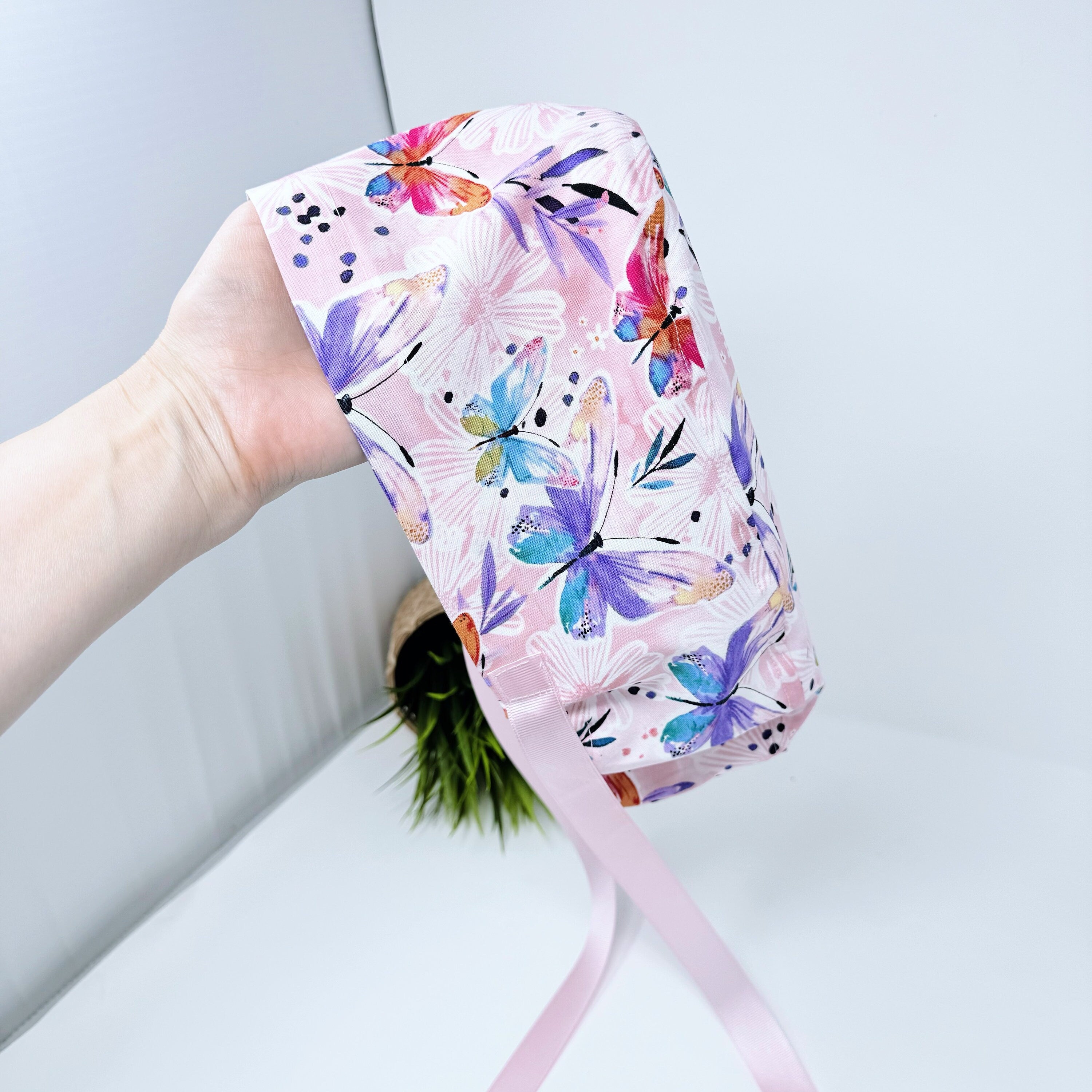 Butterfly on pink Euro scrub cap with ties for Women by Paradise Caps. Euro PLUS style.