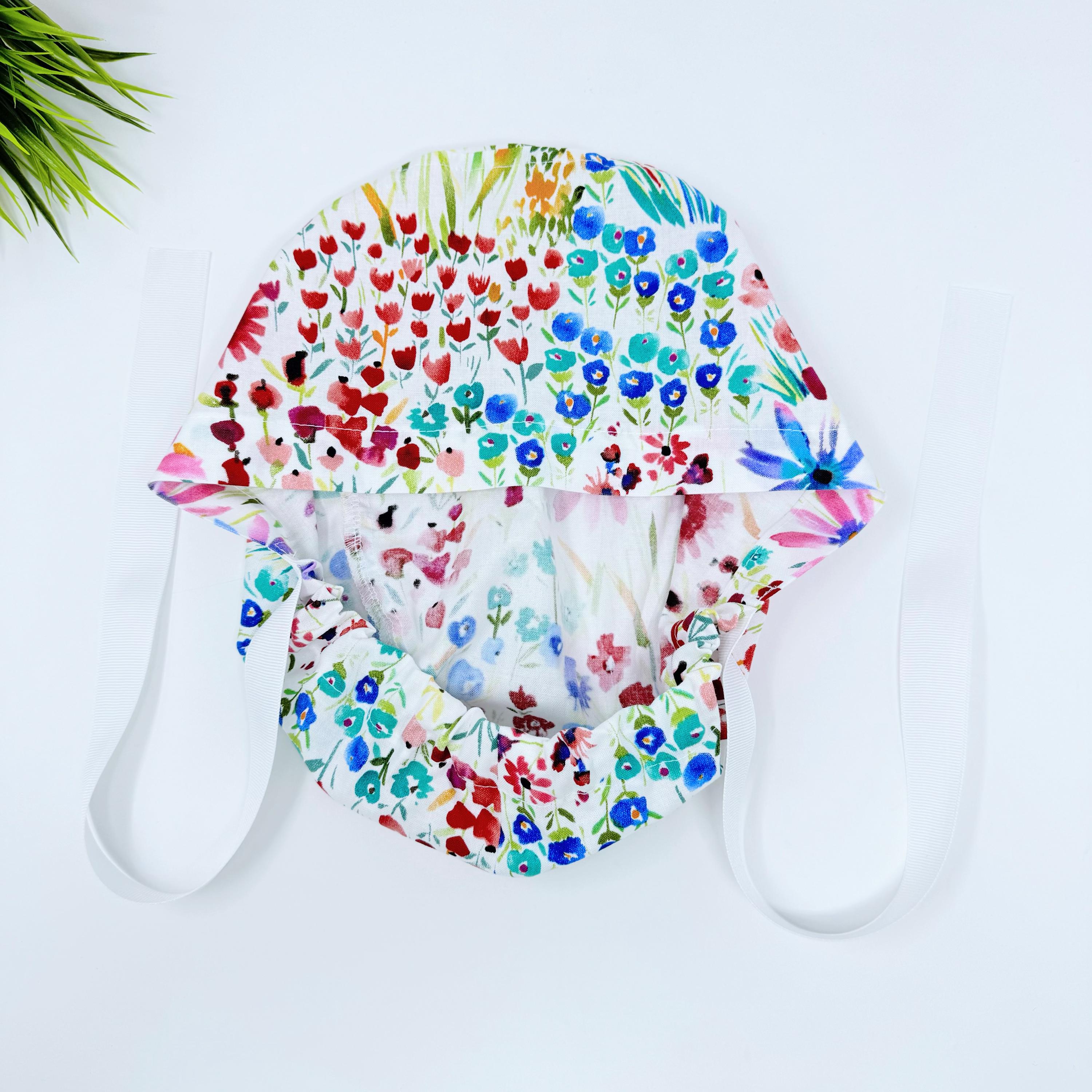 Red flower Euro scrub cap with ties for Women by Paradise Caps. Euro PLUS style.