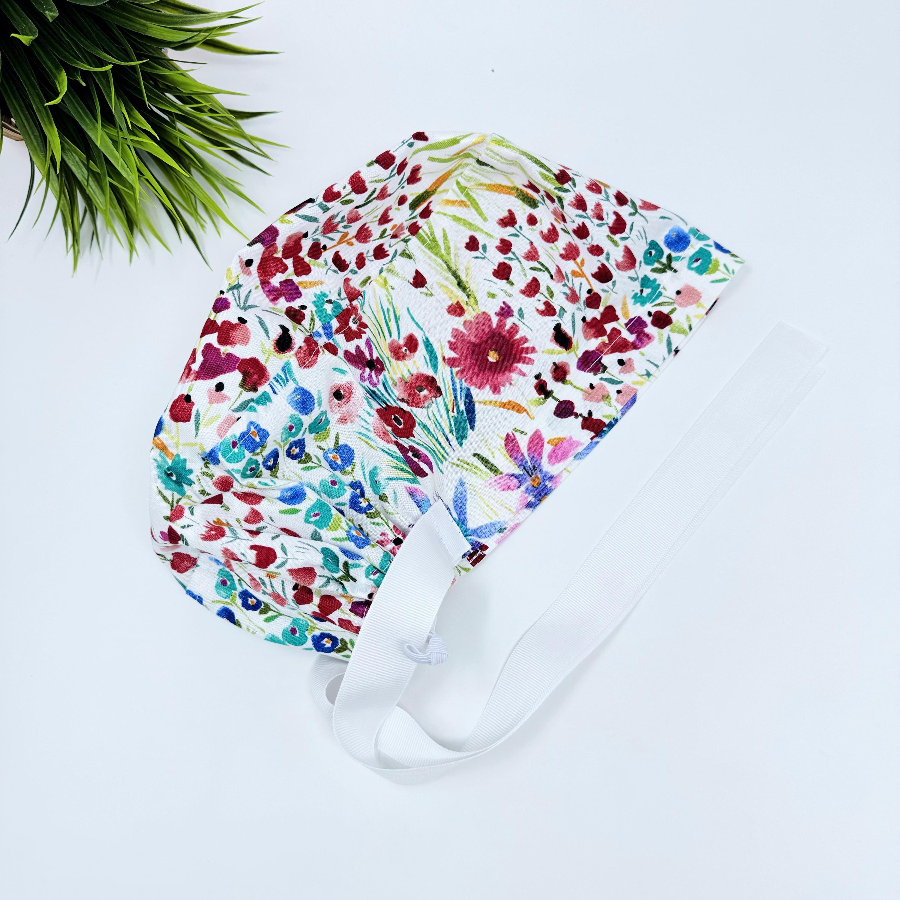 Red flower Euro scrub cap with ties for Women by Paradise Caps. Euro PLUS style.