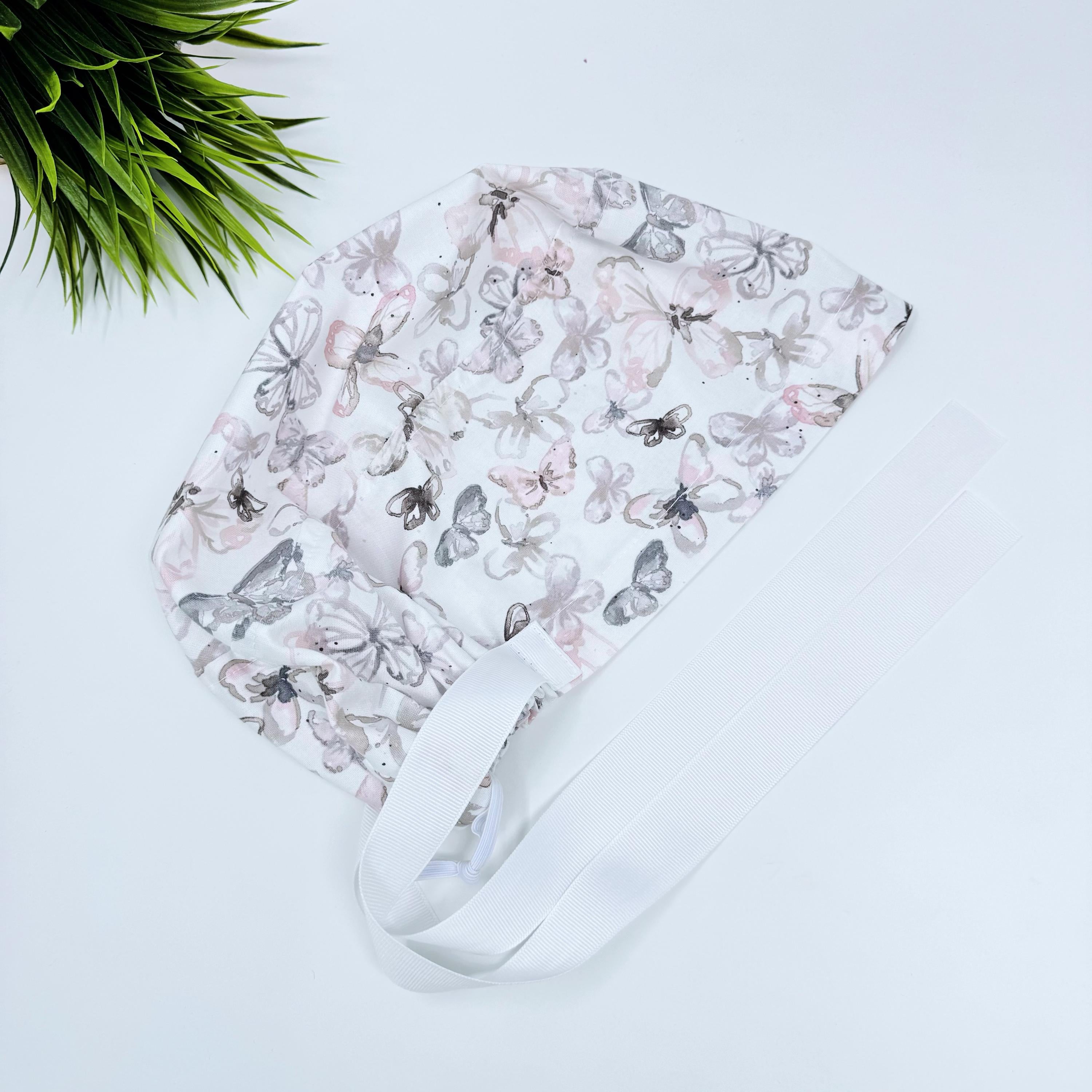 Pink & Brown Butterflies Euro PLUS style with ties Scrub Cap for Women, European Surgical cap with Satin Lined Option.