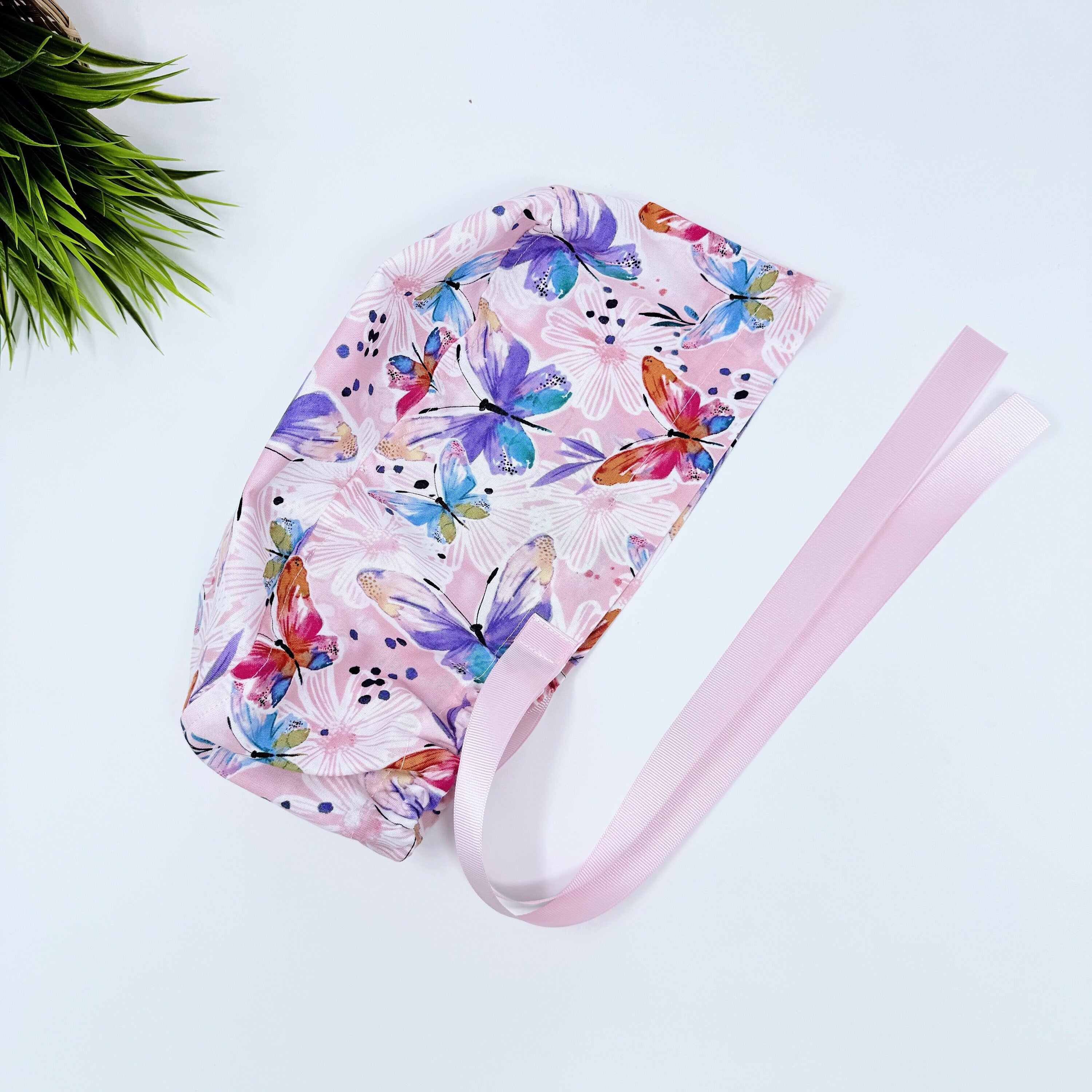 Butterfly on pink Euro scrub cap with ties for Women by Paradise Caps. Euro PLUS style.