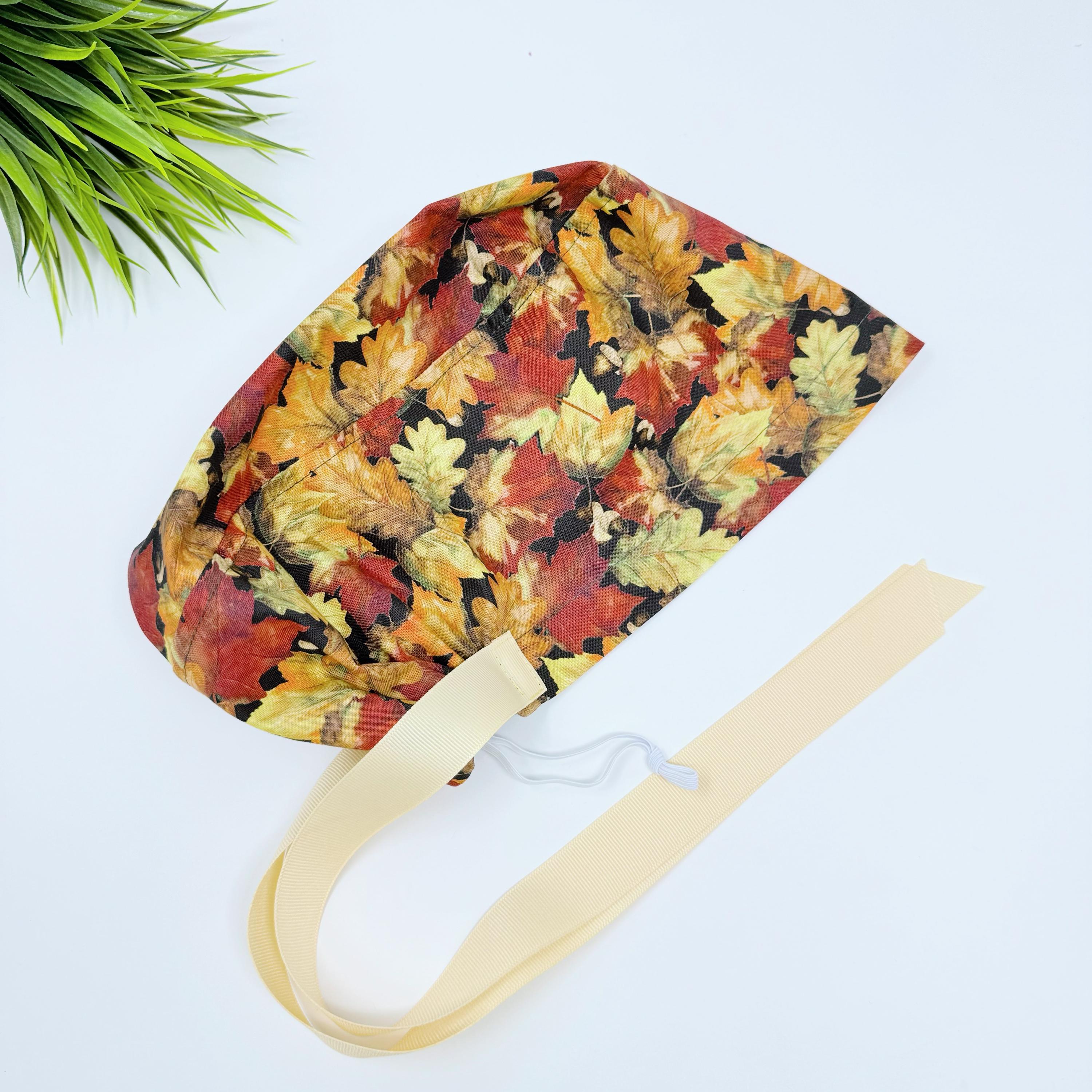 Fall leaves Euro scrub cap with ties for Women by Paradise Caps. Euro PLUS style.