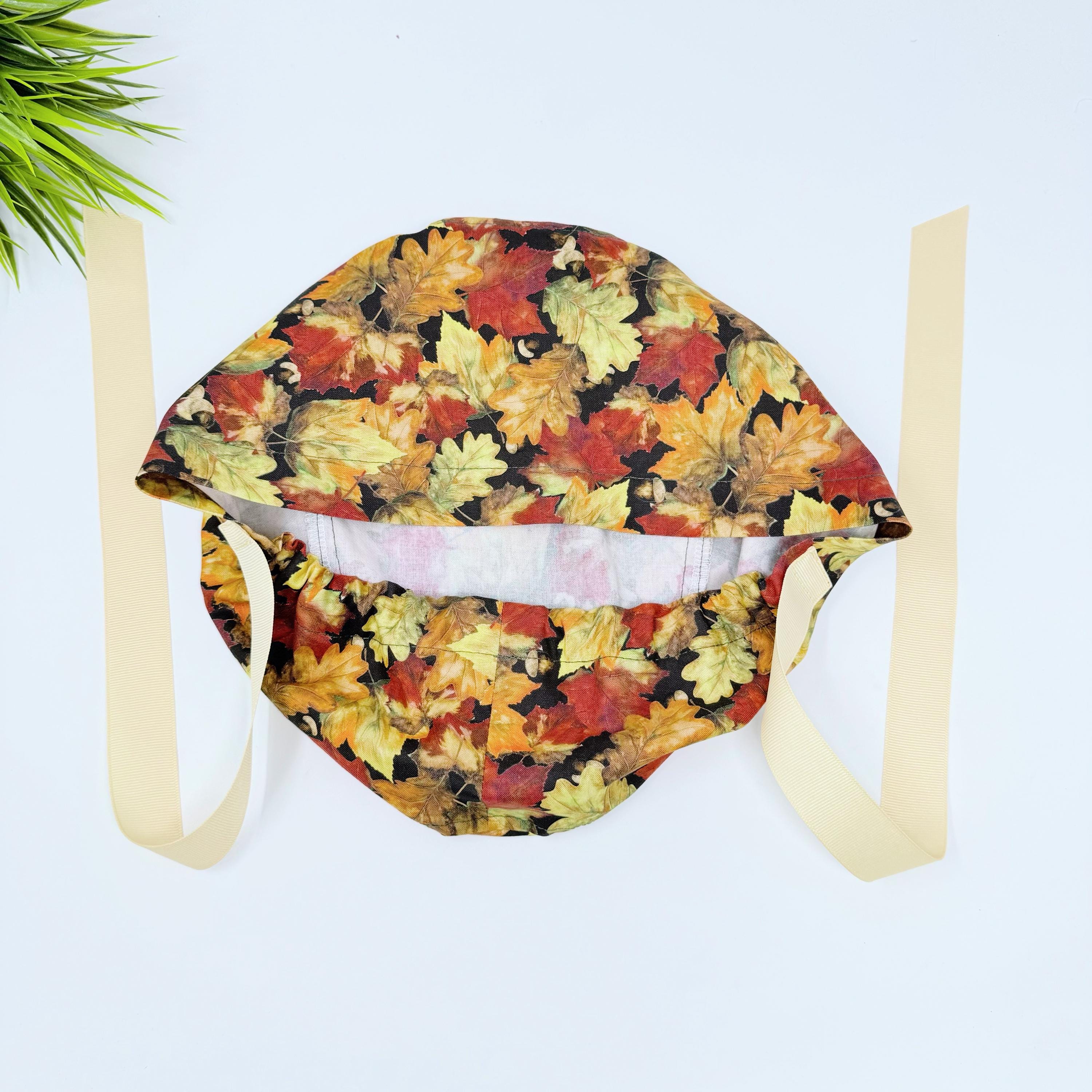 Fall leaves Euro scrub cap with ties for Women by Paradise Caps. Euro PLUS style.