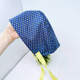 Navy Polka Dot Euro scrub cap with ties for Women by Paradise Caps. Euro PLUS style.