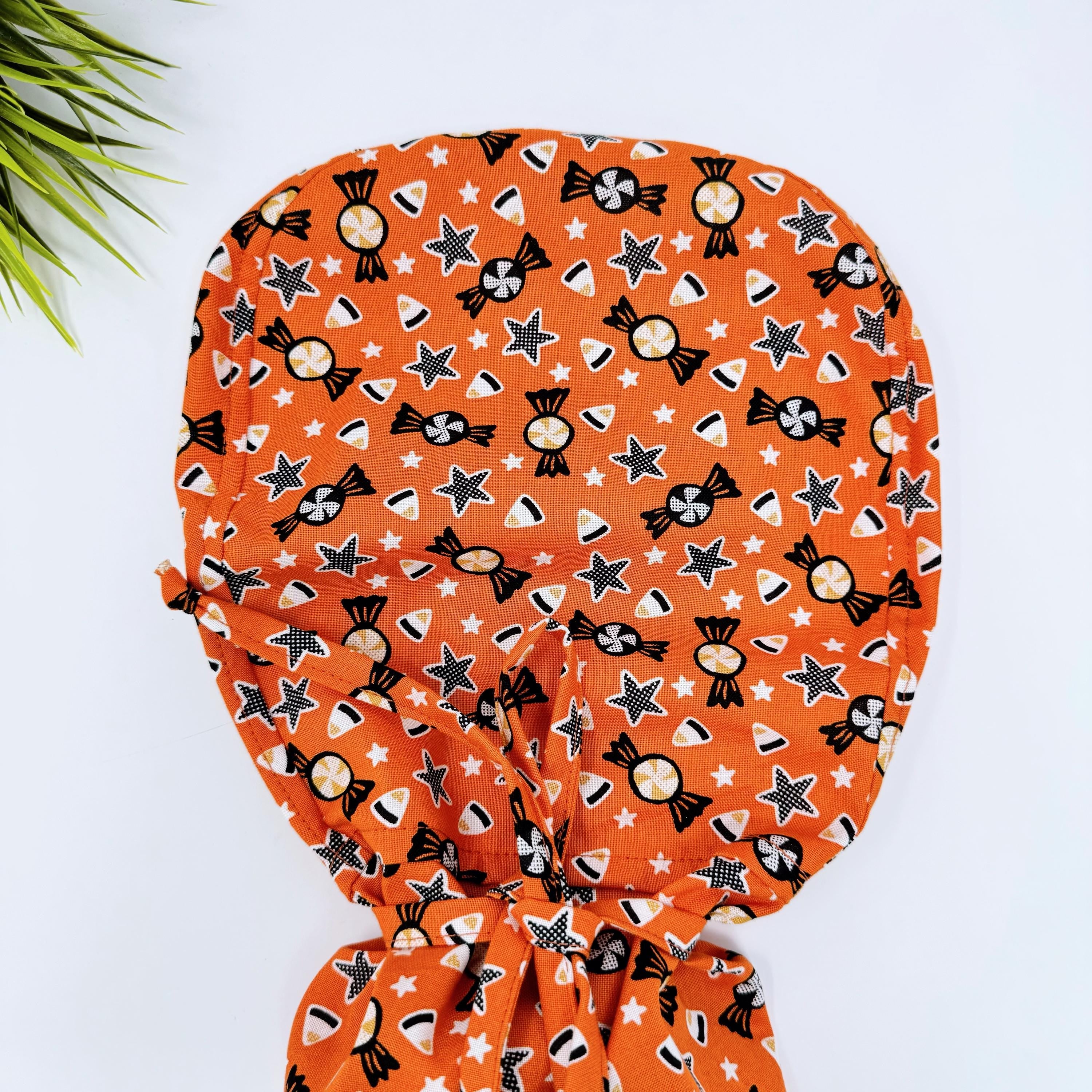 Candy corn Ponytail scrub cap for women with satin lined option by Paradise Caps.