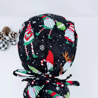 Christmas Ponytail scrub cap. Gnomes Surgical cap for women, Satin Lined ponytail hat by Paradise Caps. Black