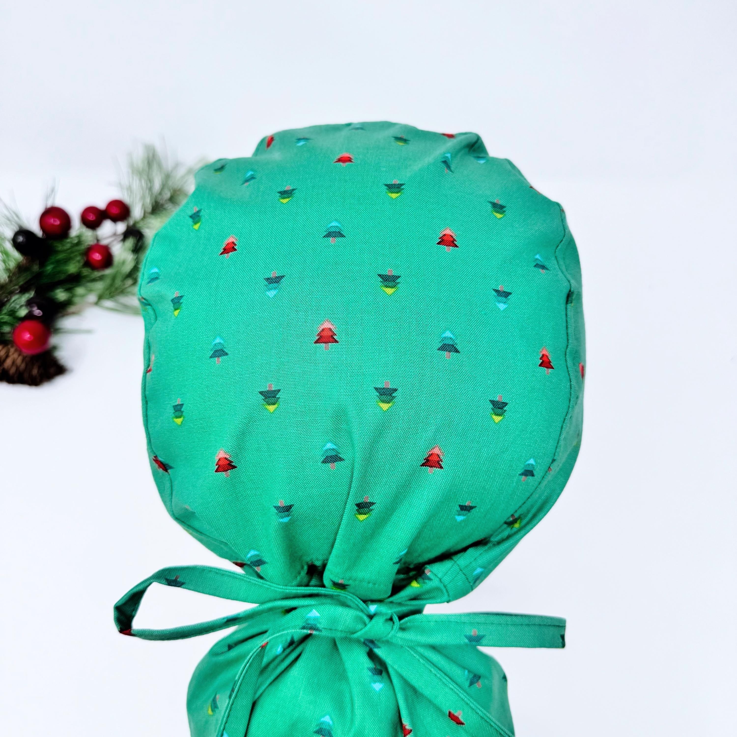 Christmas Ponytail scrub cap for women with satin lined option by Paradise Caps.