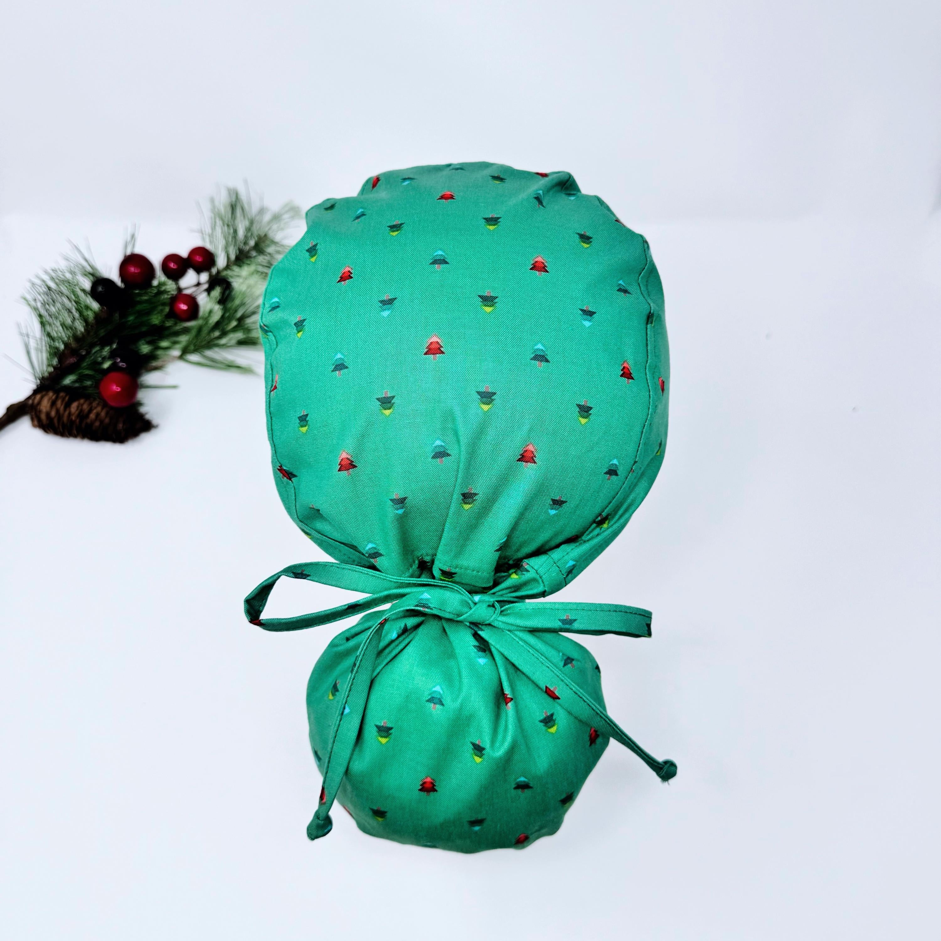 Christmas Ponytail scrub cap for women with satin lined option by Paradise Caps.