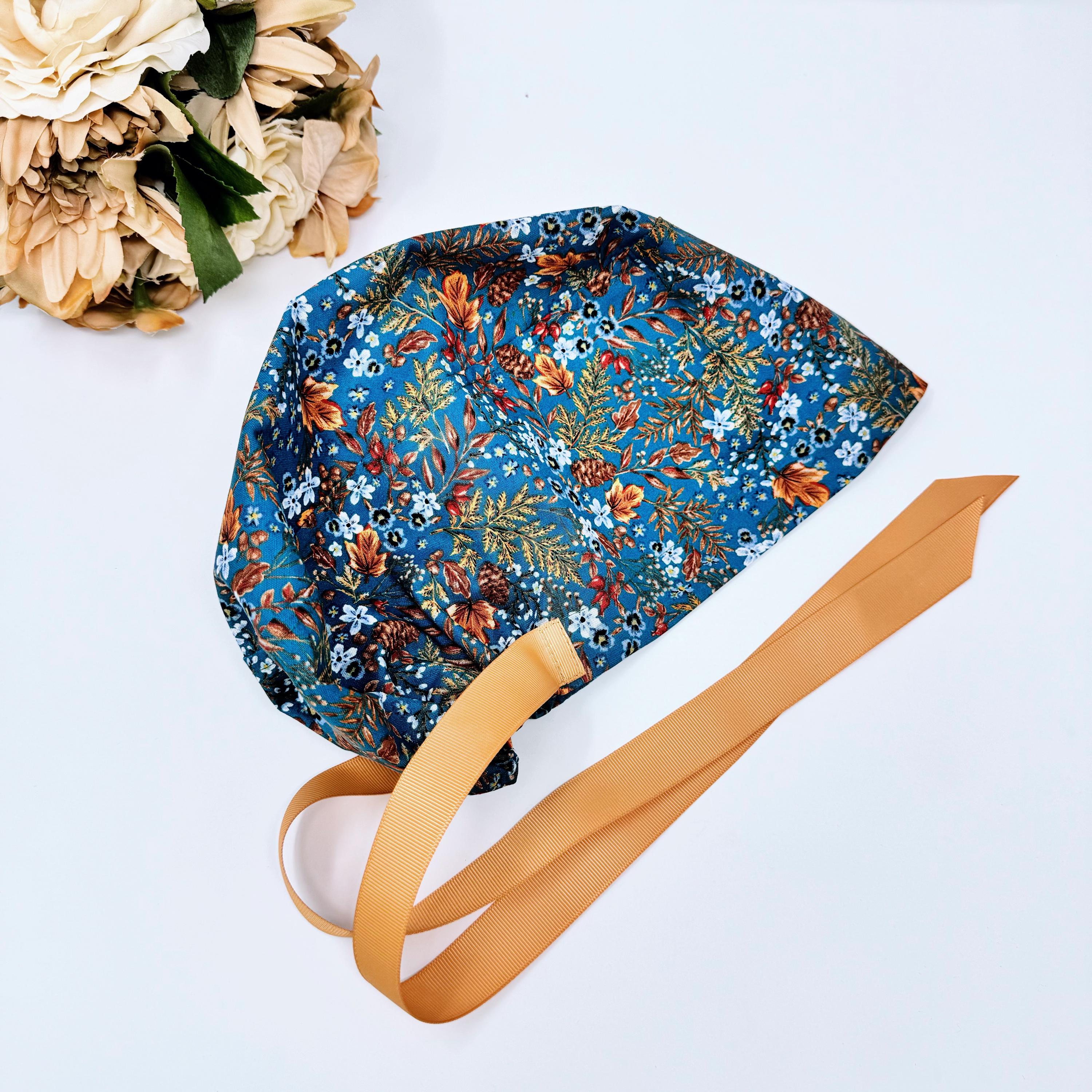 Fall leaves Euro scrub cap with ties for Women by Paradise Caps. Euro PLUS style.