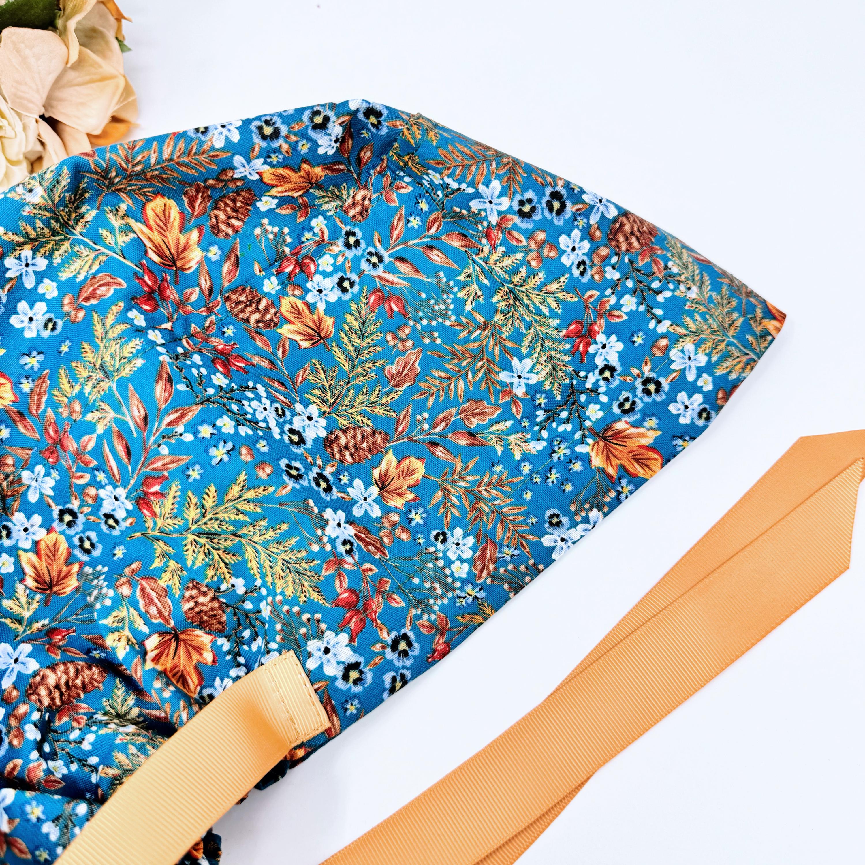 Fall leaves Euro scrub cap with ties for Women by Paradise Caps. Euro PLUS style.