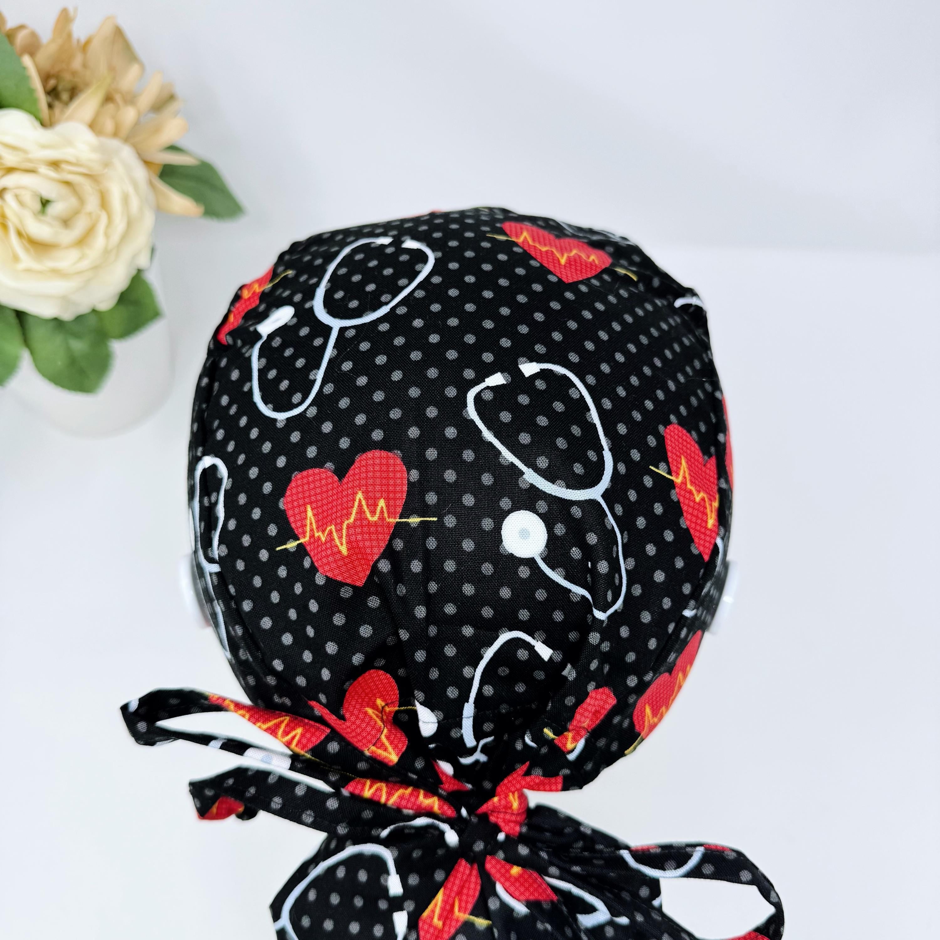 Stethoscope Ponytail scrub cap for women with satin lined option by Paradise Caps.