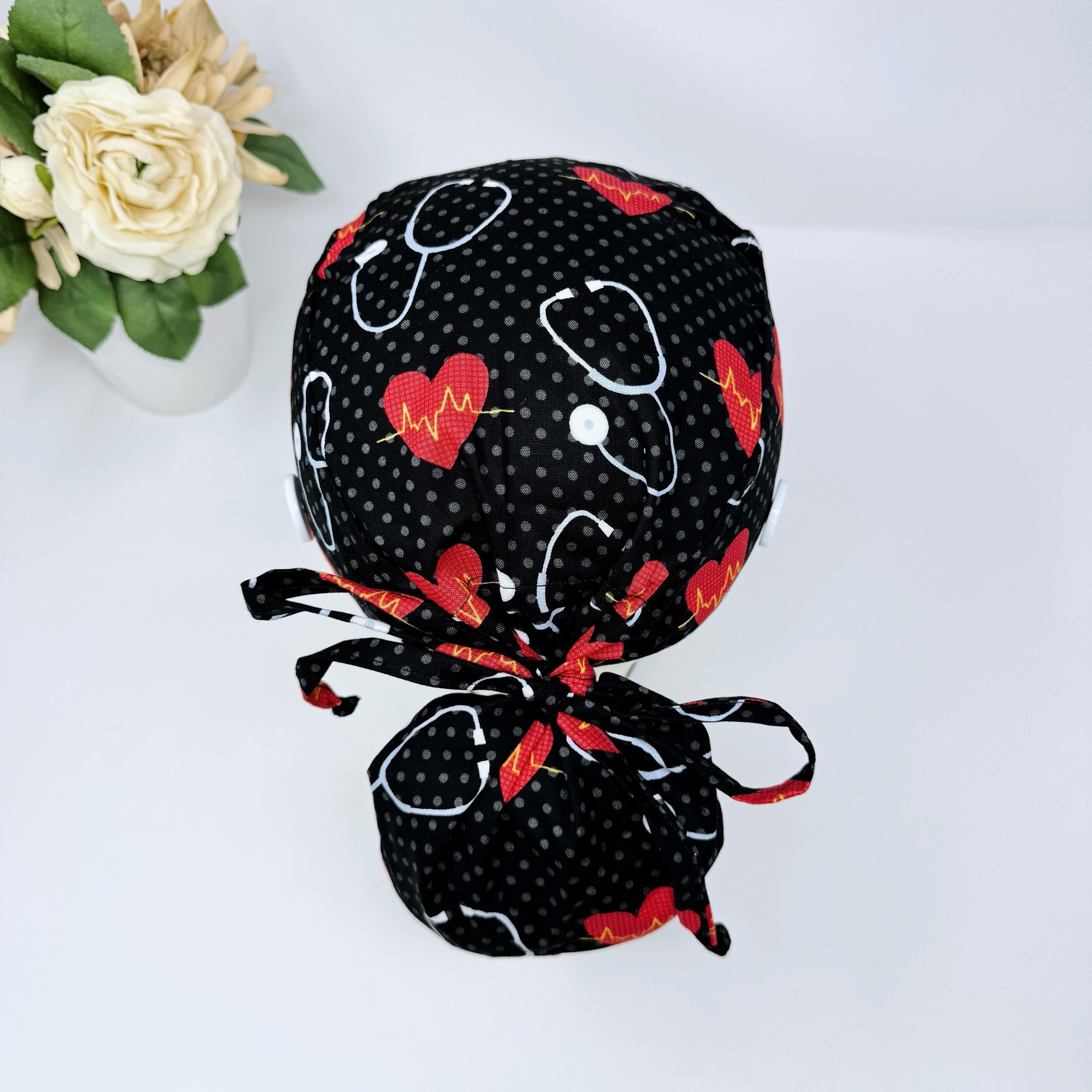Stethoscope Ponytail scrub cap for women with satin lined option by Paradise Caps.