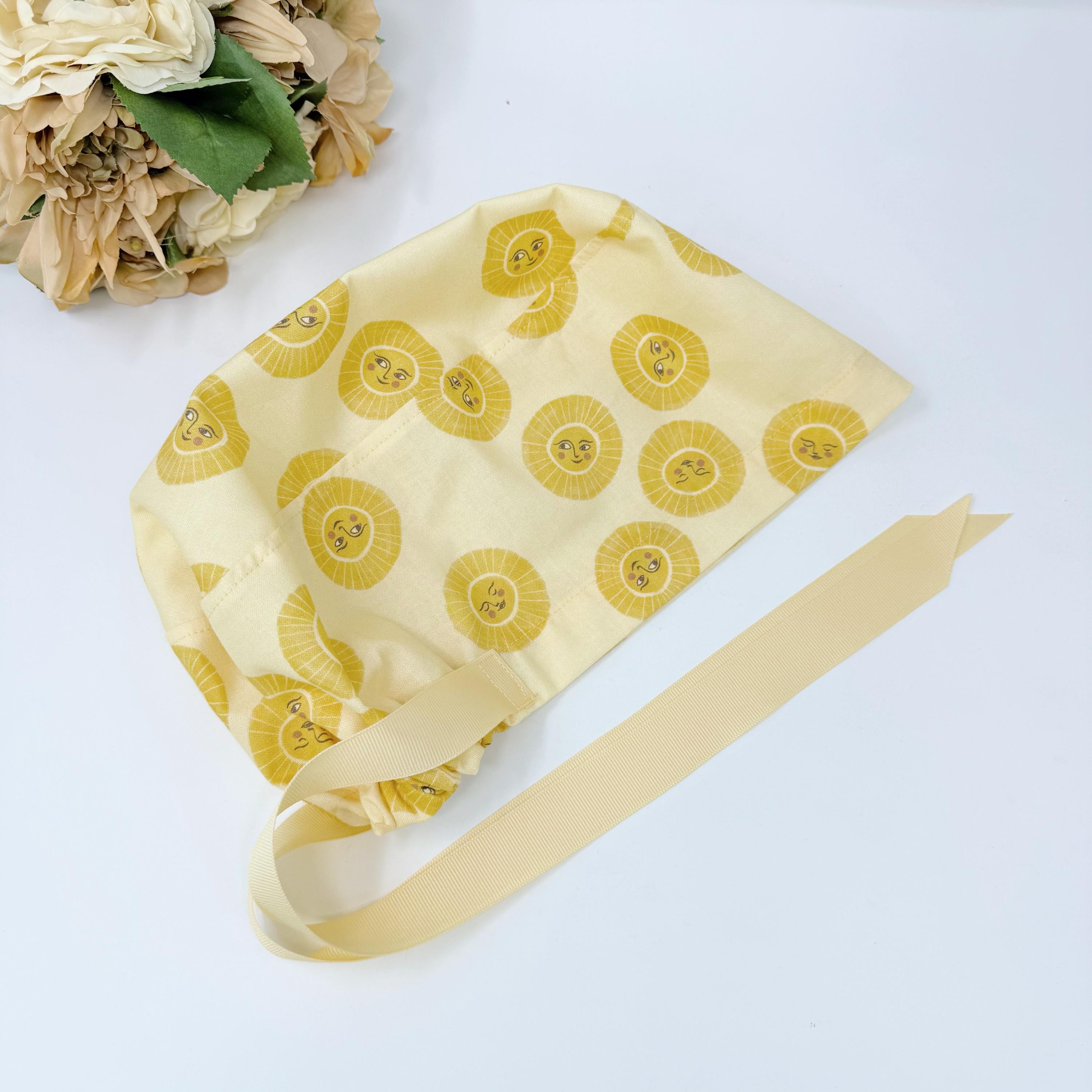 Lemon sunshine Euro scrub cap with ties for Women by Paradise Caps. Euro PLUS style.