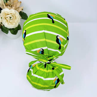Toucan ponytail scrub cap for women. Summer Ponytail scrub hat, Scrub caps for women by Paradise Caps.