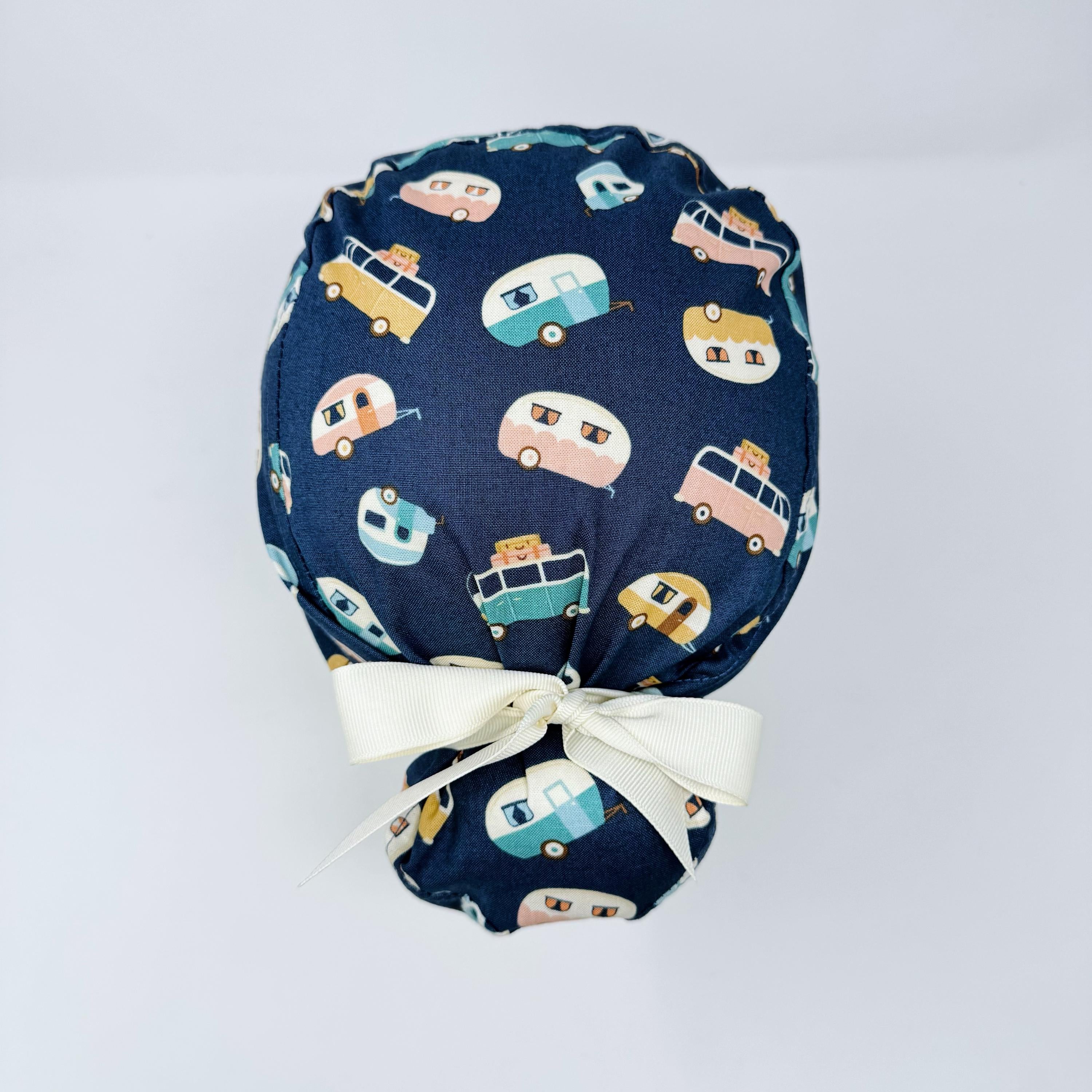 Trailer toss Euro scrub cap with ties for Women, Camping European Surgical cap with Satin Lined Option by Paradise Caps. Euro PLUS style.
