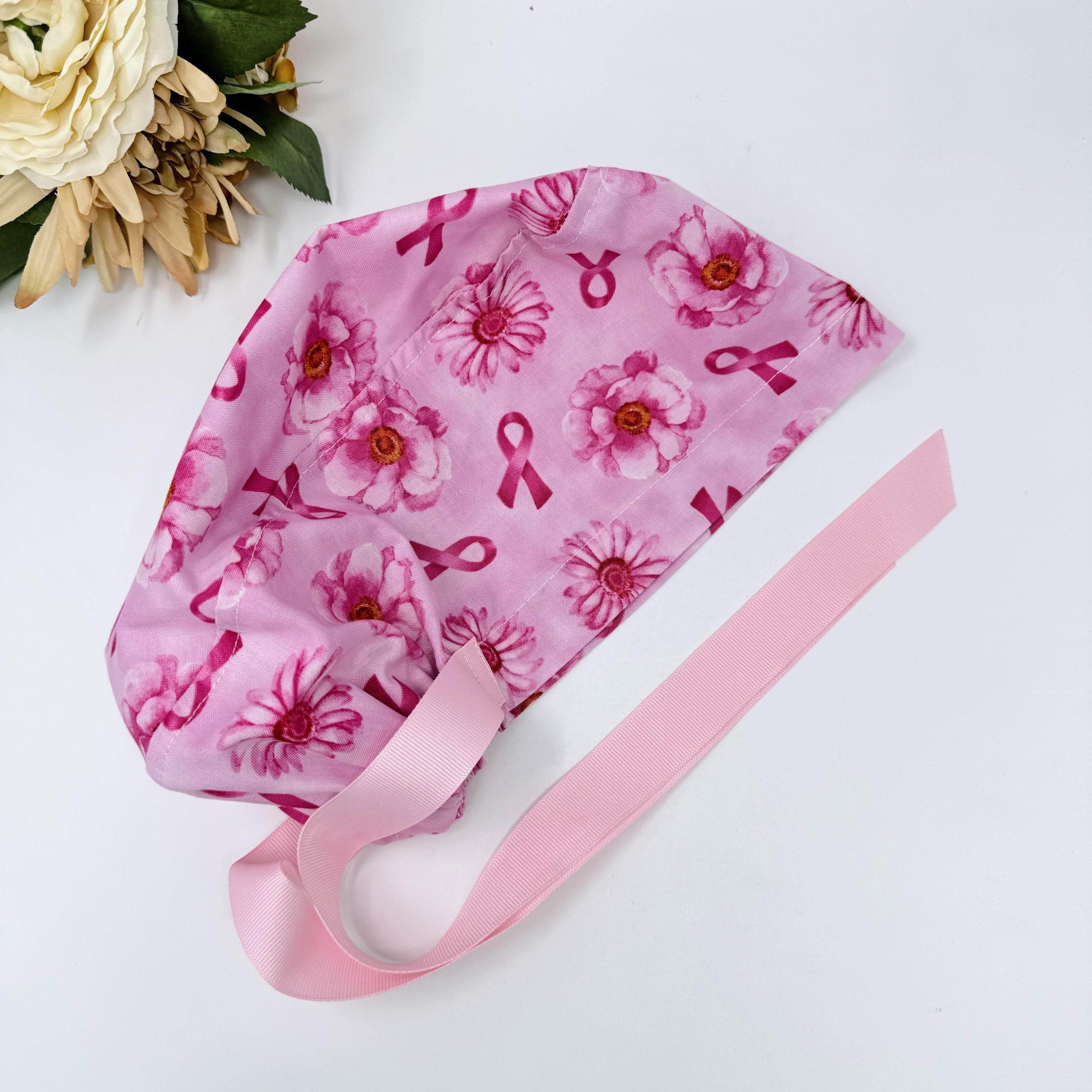 Pink flower Euro scrub cap with ties for Women by Paradise Caps. Euro PLUS style.