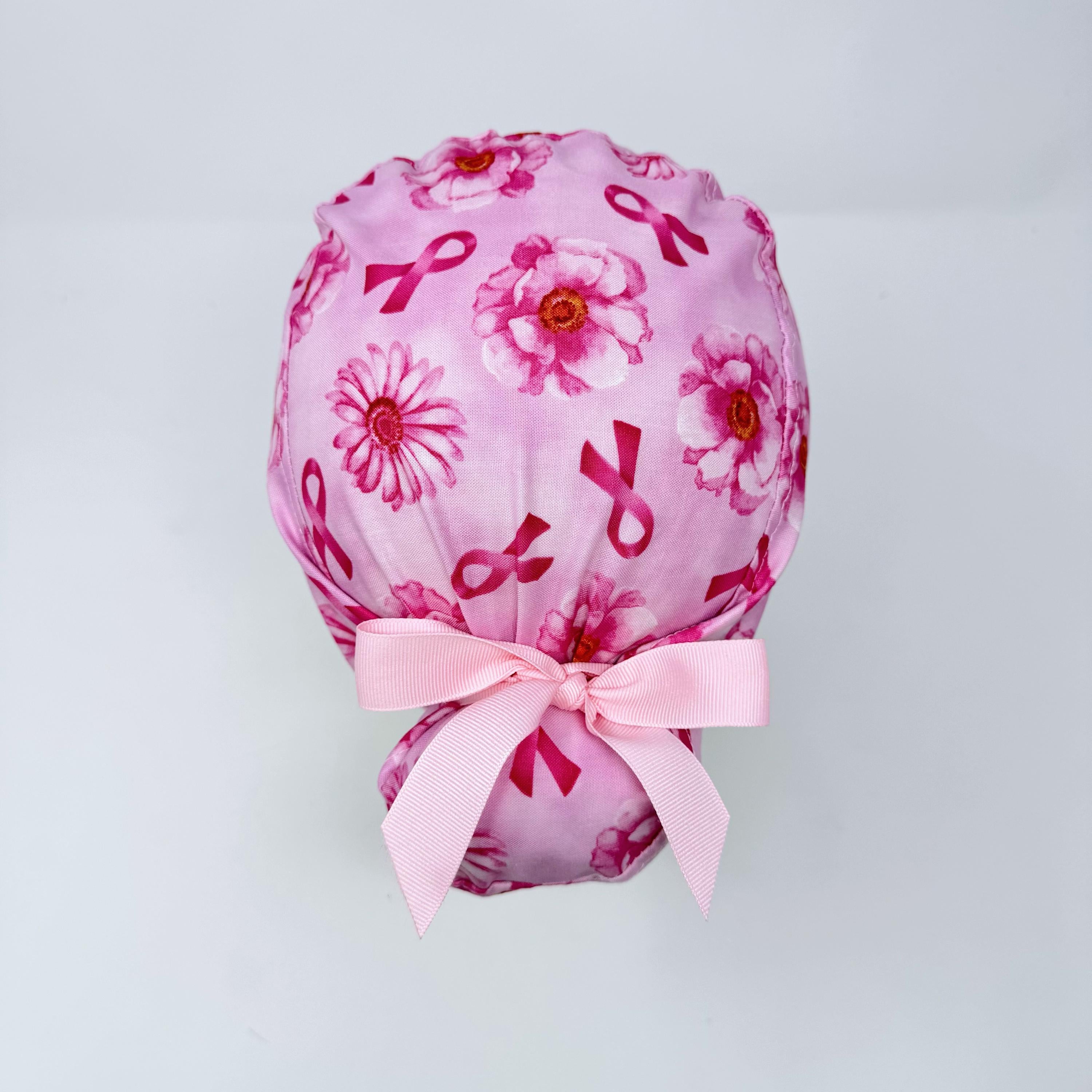 Pink flower Euro scrub cap with ties for Women by Paradise Caps. Euro PLUS style.