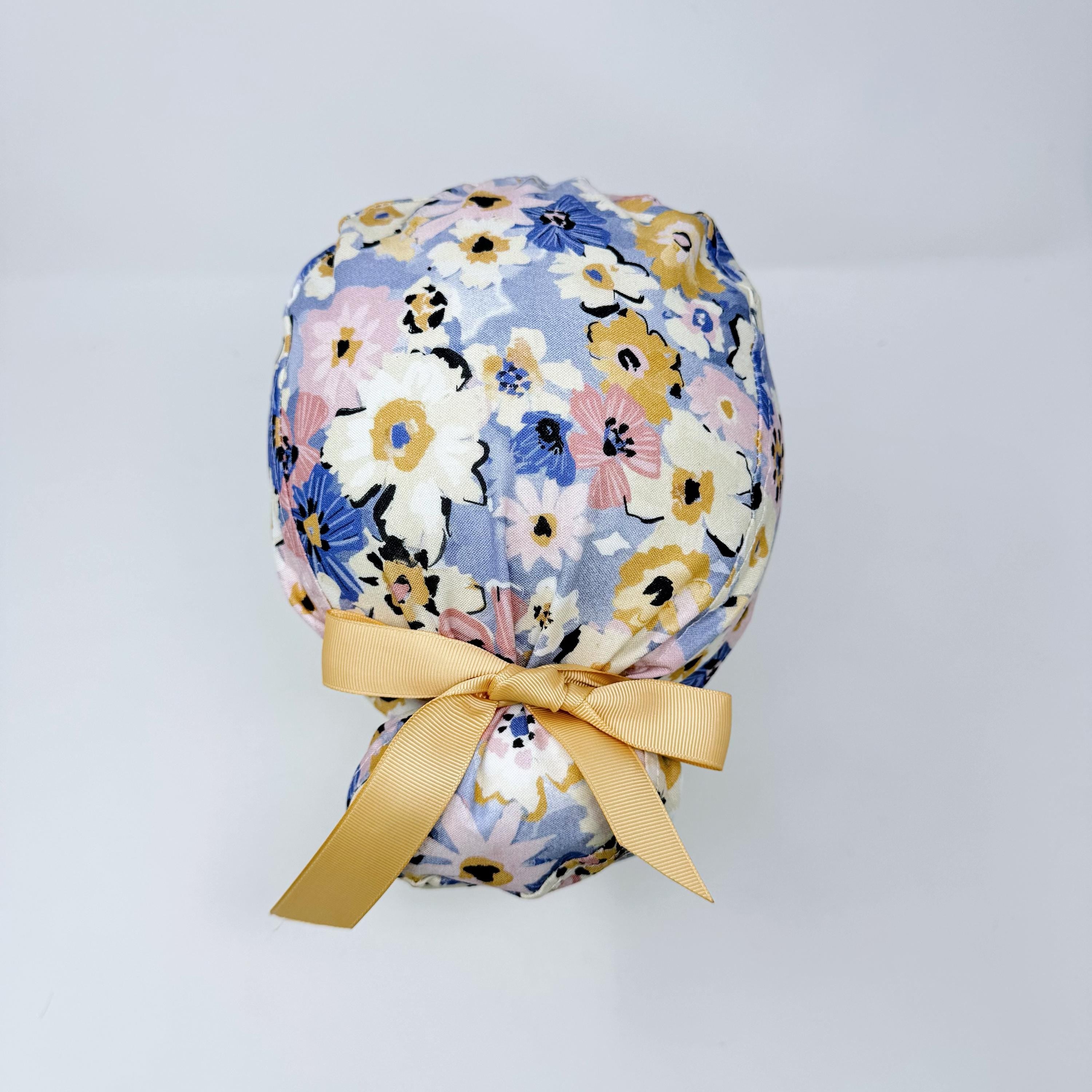 Floral Euro scrub cap with ties for Women, Summer European Surgical cap with Satin Lined Option by Paradise Caps. Euro PLUS style.