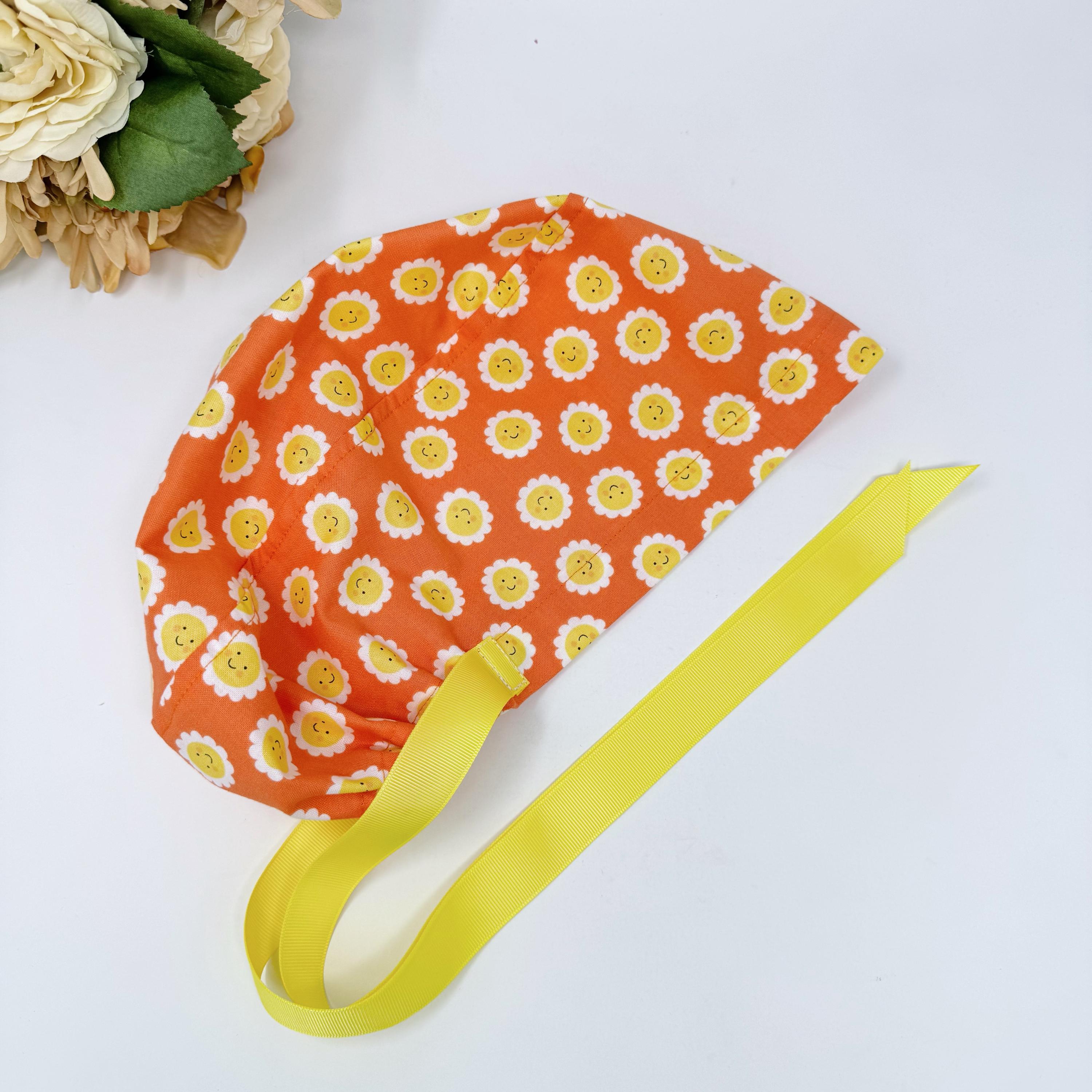 Sun Euro scrub cap with ties for Women, Floral European Surgical cap with Satin Lined option by Paradise Caps. Summer Euro PLUS style.