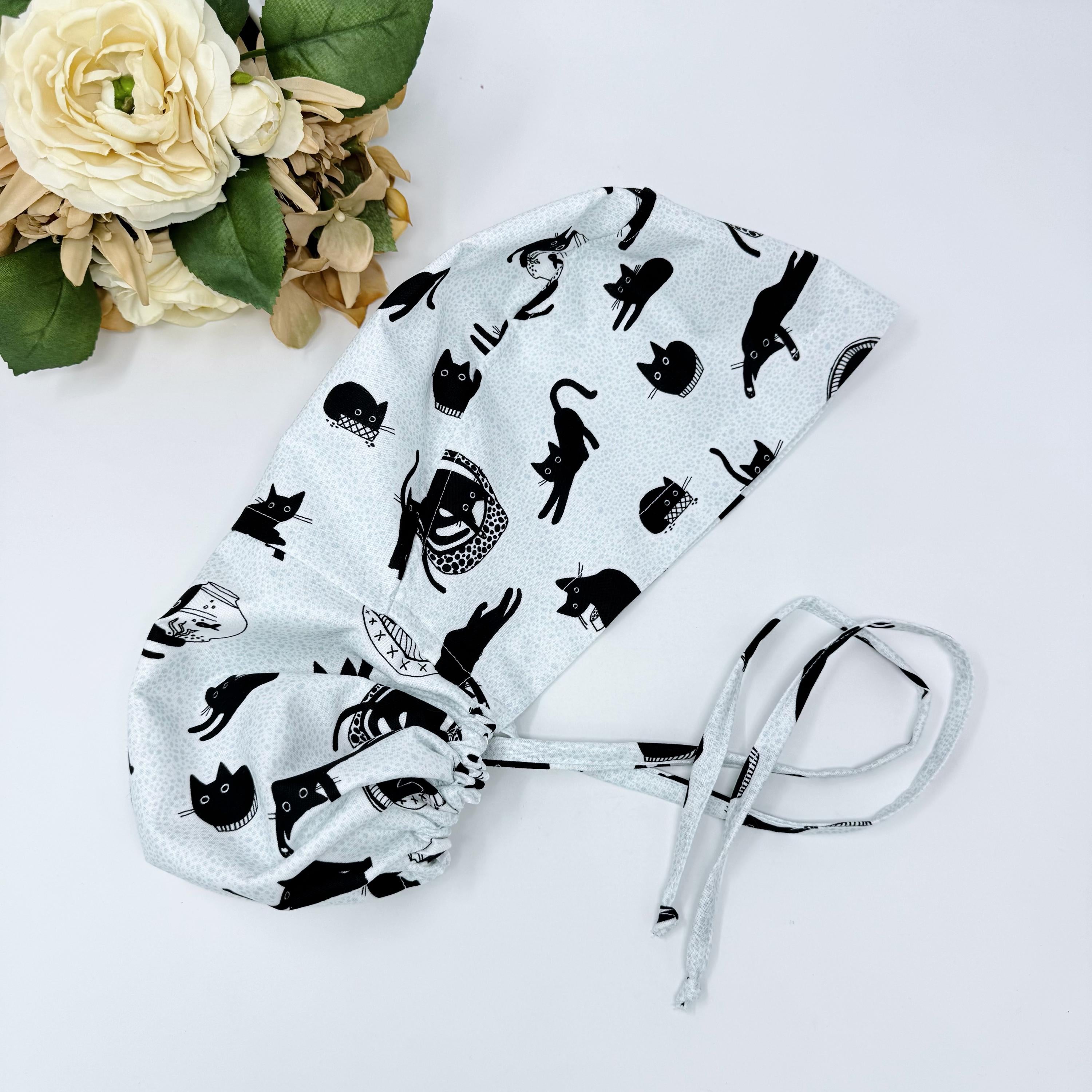 Cat Ponytail scrub cap by ParadiseCaps. Surgical cap for women with satin lined option. Funny scrub hats for women.