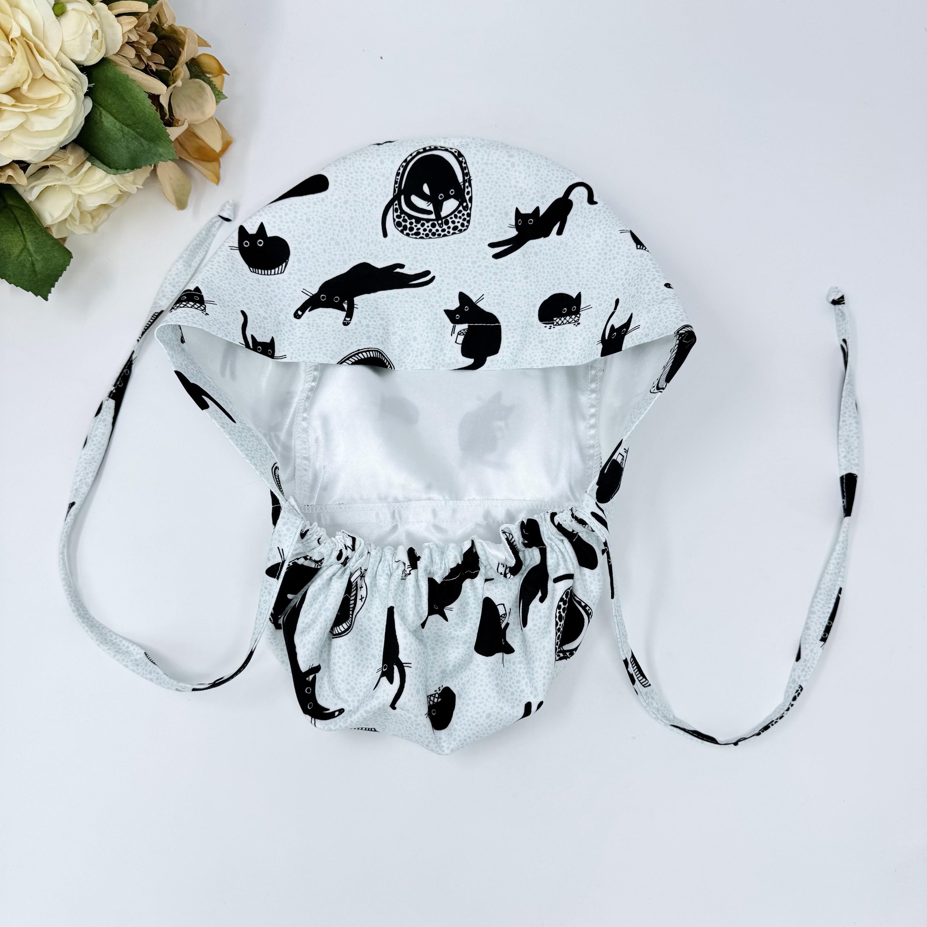 Cat Ponytail scrub cap by ParadiseCaps. Surgical cap for women with satin lined option. Funny scrub hats for women.