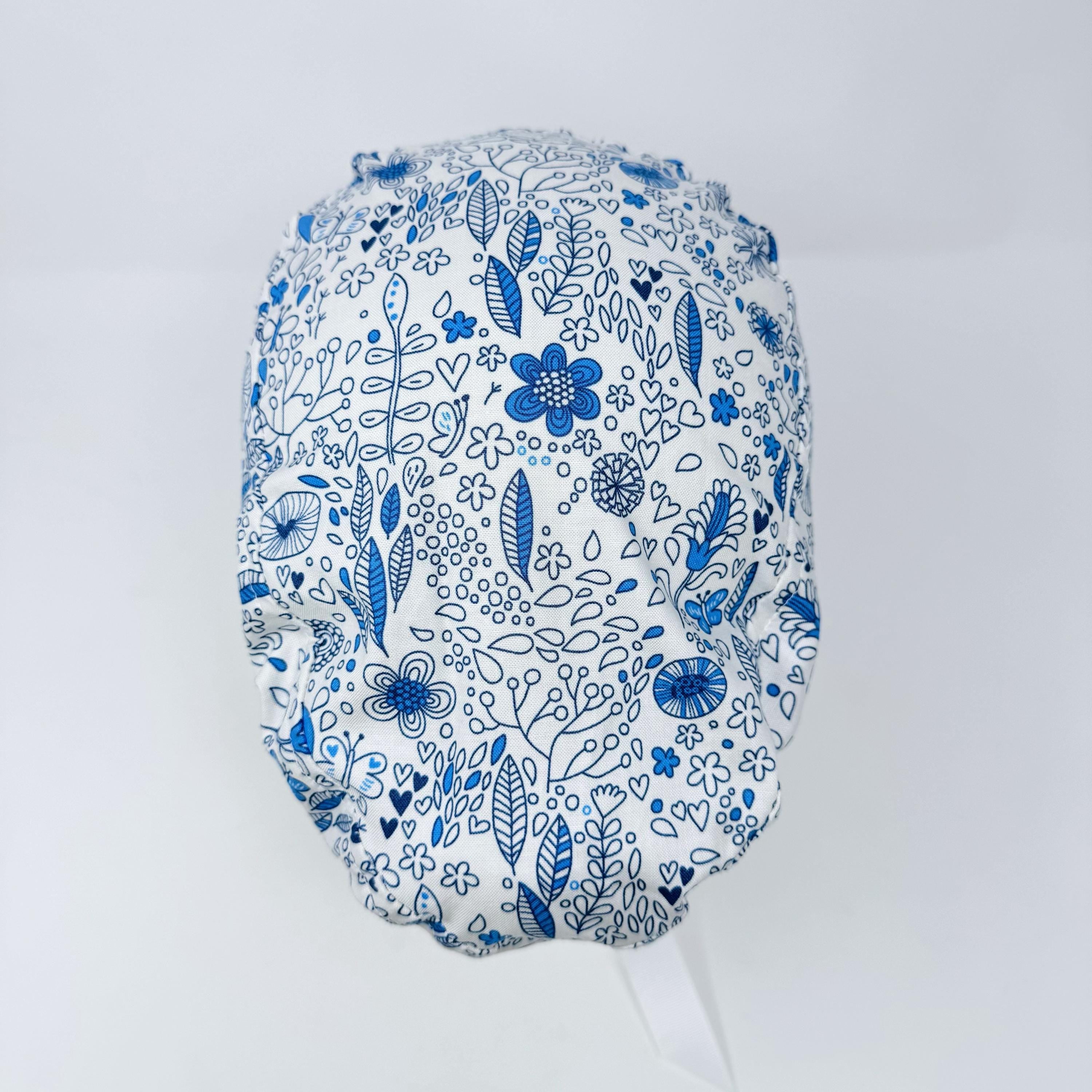 Floral Euro scrub cap with ties for Women, Summer European Surgical cap with Satin Lined option by Paradise Caps. Euro PLUS style.