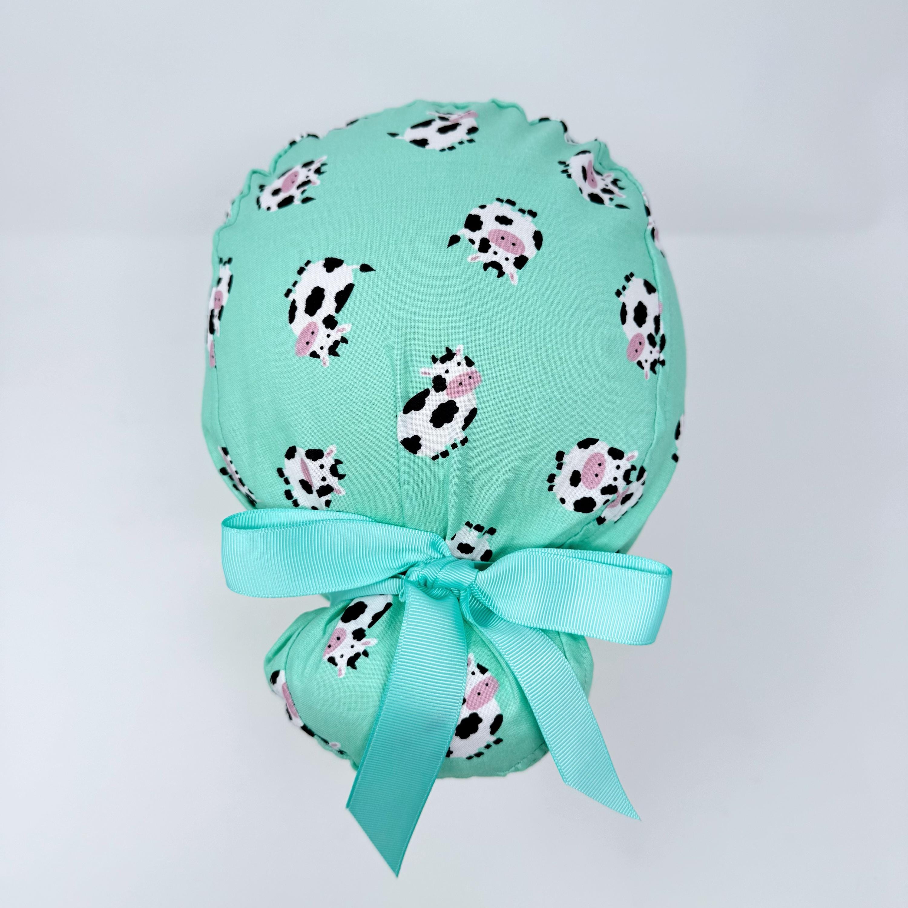 Cow Euro scrub cap with ties for Women, Funny European Surgical cap with Satin Lined Option by Paradise Caps. Euro PLUS style.