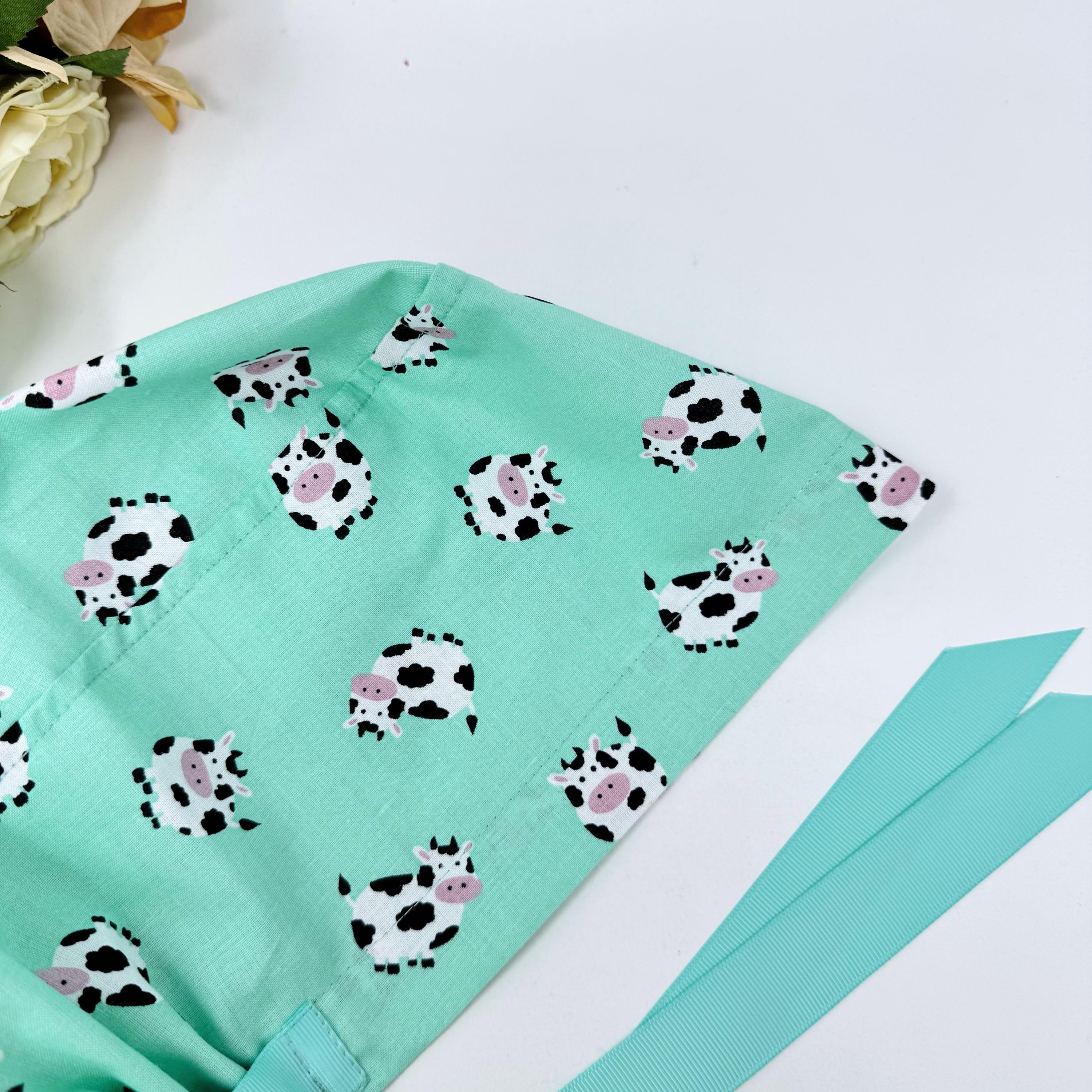 Cow Euro scrub cap with ties for Women, Funny European Surgical cap with Satin Lined Option by Paradise Caps. Euro PLUS style.