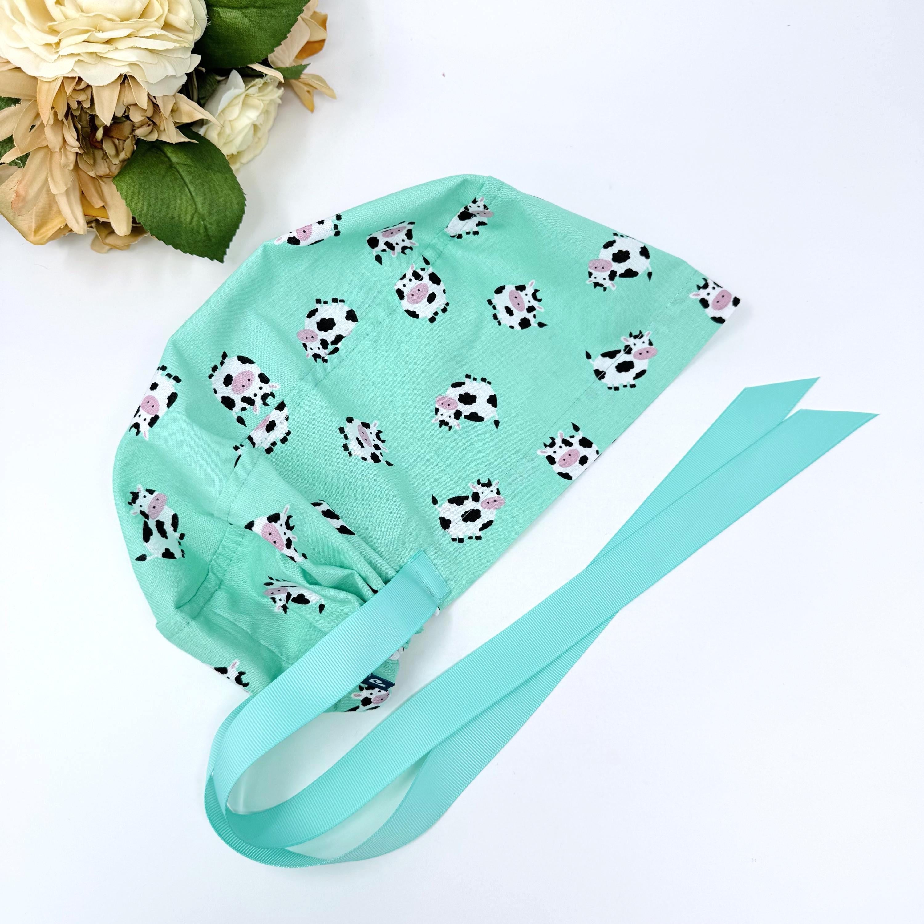 Cow Euro scrub cap with ties for Women, Funny European Surgical cap with Satin Lined Option by Paradise Caps. Euro PLUS style.