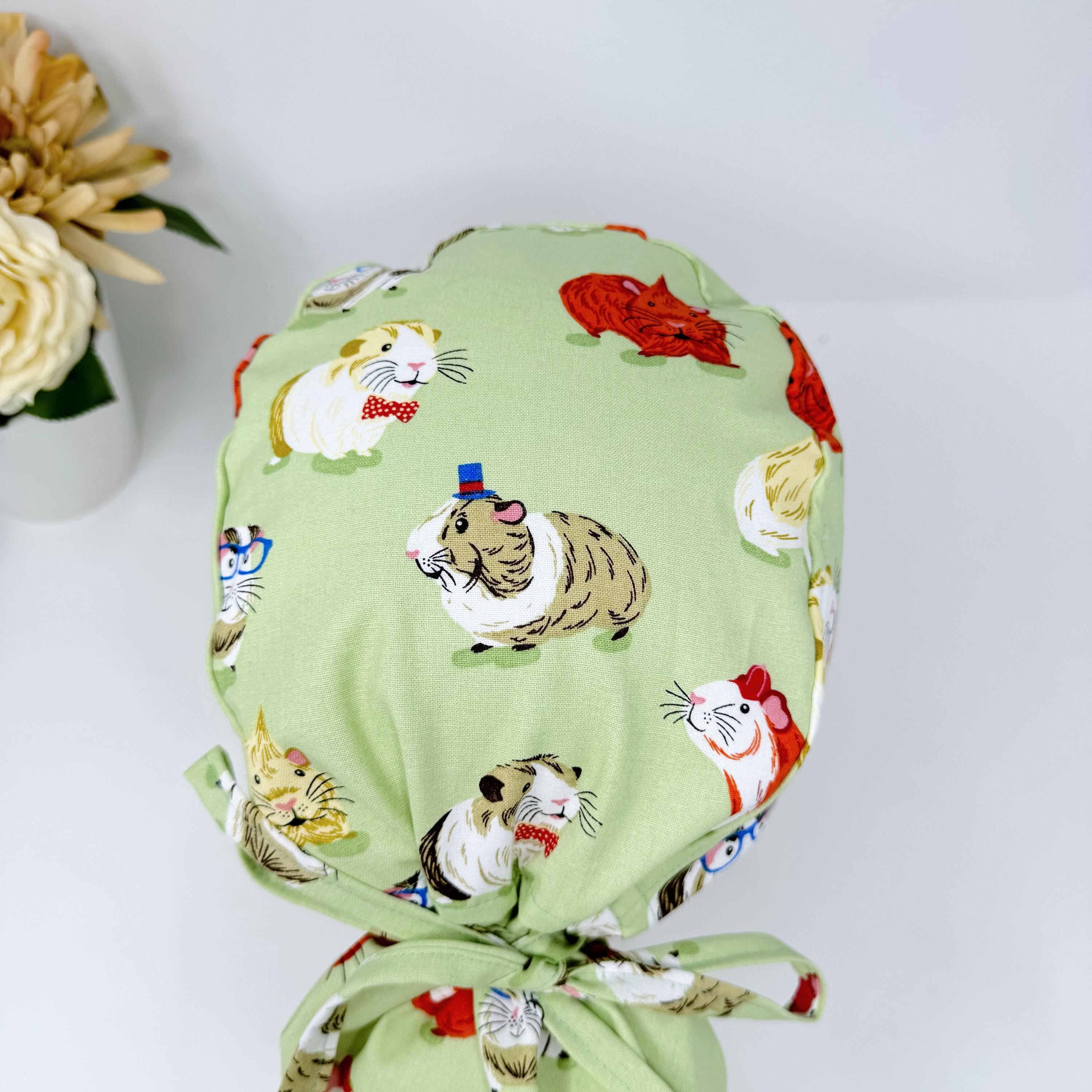 Guinea pig Ponytail scrub cap for women with satin lined option by Paradise Caps.