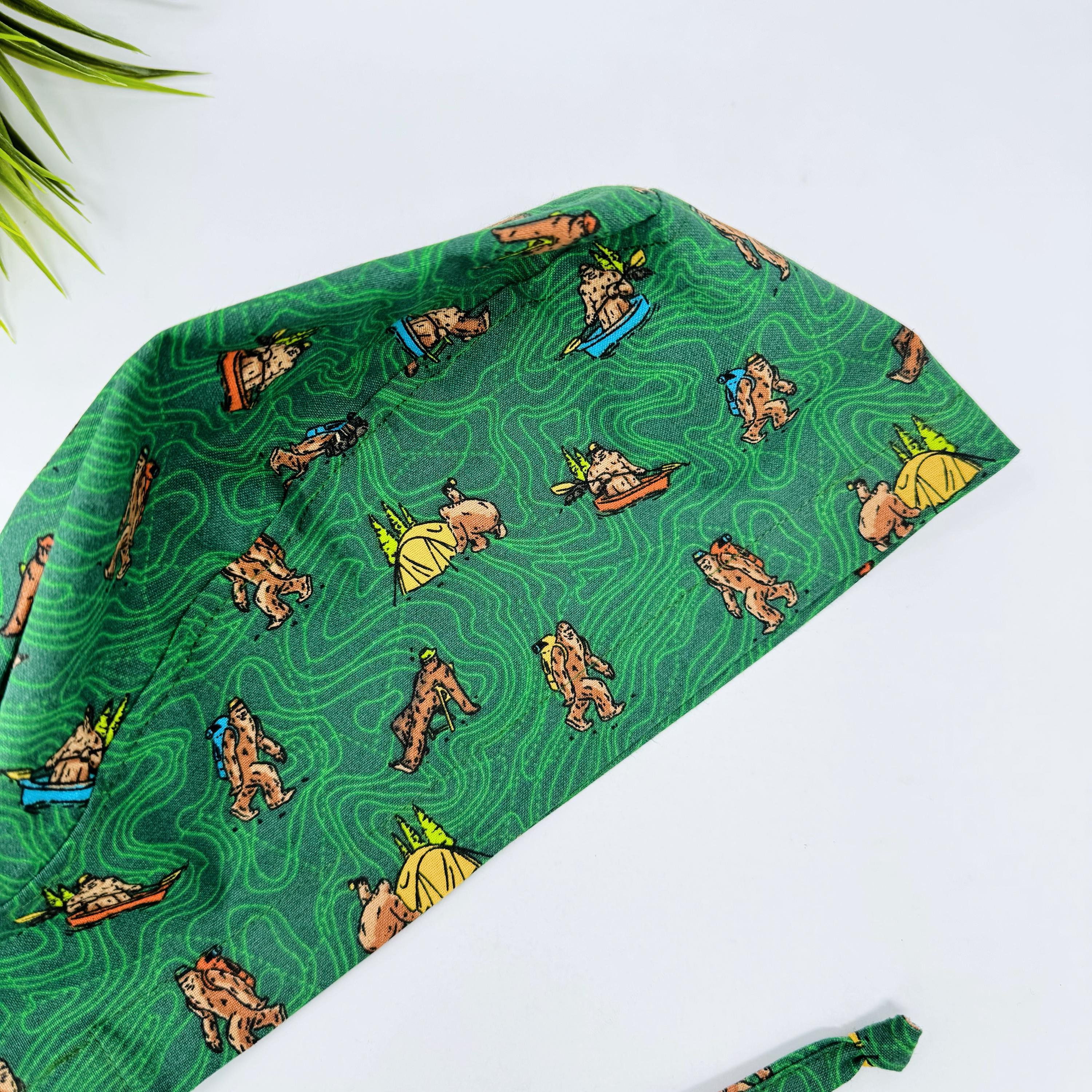 Camp yeti Skull tie-back style surgical scrub cap for men by Paradise Caps.