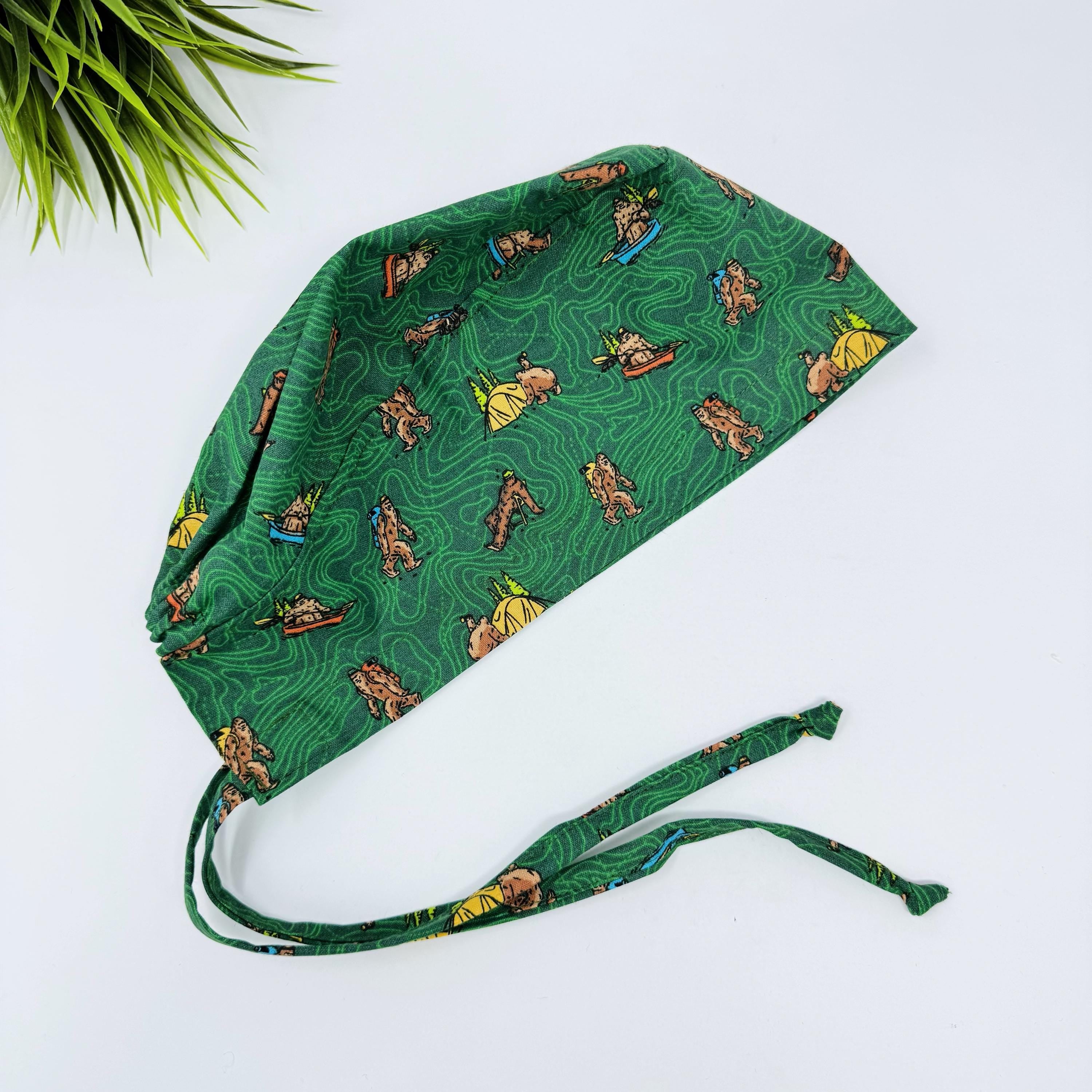 Camp yeti Skull tie-back style surgical scrub cap for men by Paradise Caps.