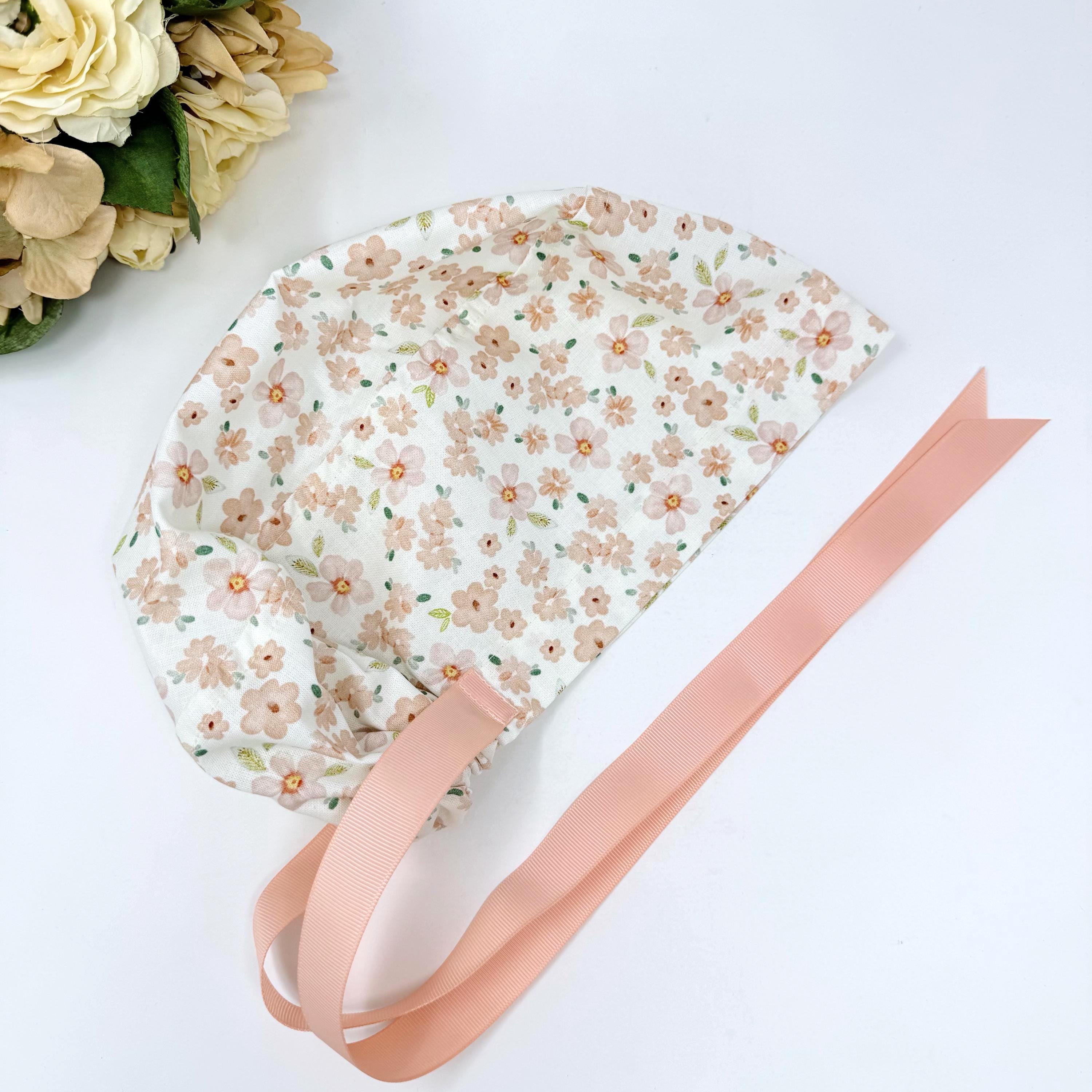 Flower Euro scrub cap with ties for Women, Summer European Surgical cap with Satin Lined option by Paradise Caps. Euro PLUS style.
