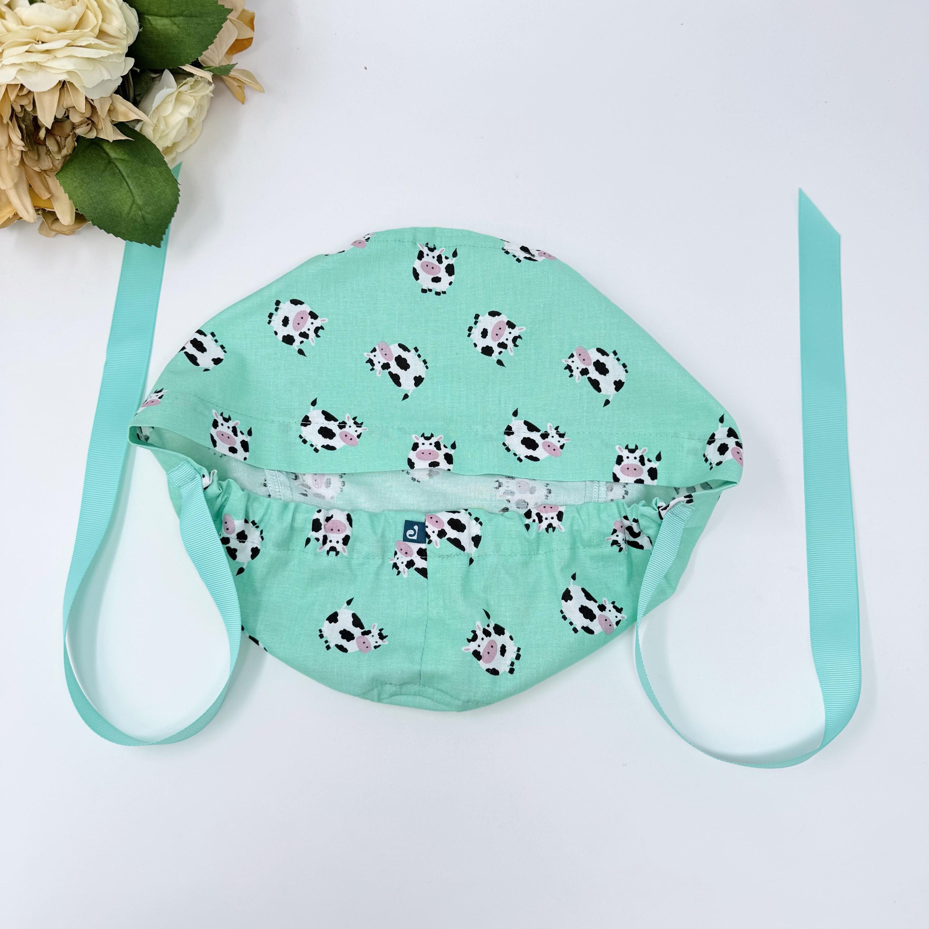 Cow Euro scrub cap with ties for Women, Funny European Surgical cap with Satin Lined Option by Paradise Caps. Euro PLUS style.