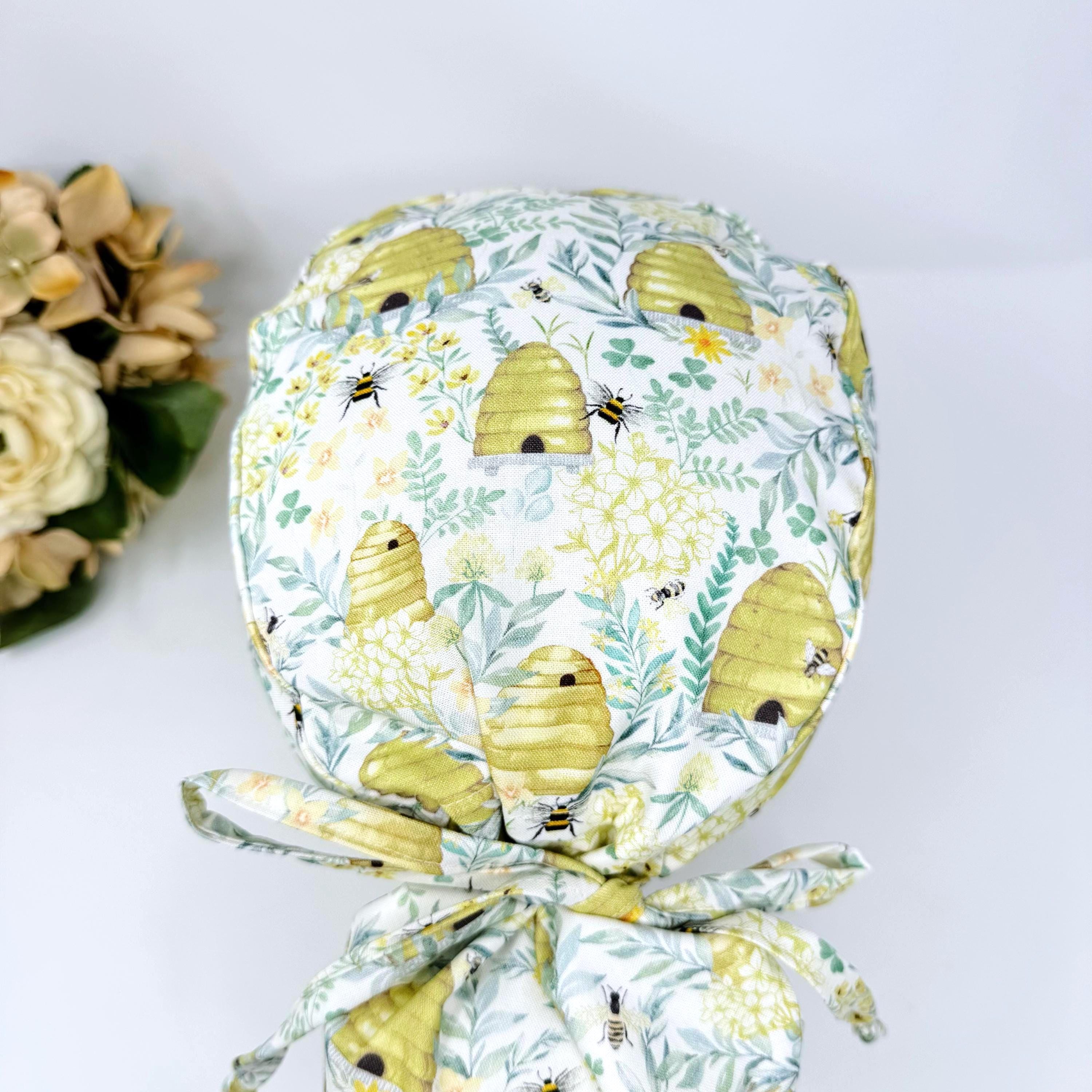 Bee Ponytail scrub cap for women with satin lined option, Summer Surgical cap with ponytail by Paradise Caps.