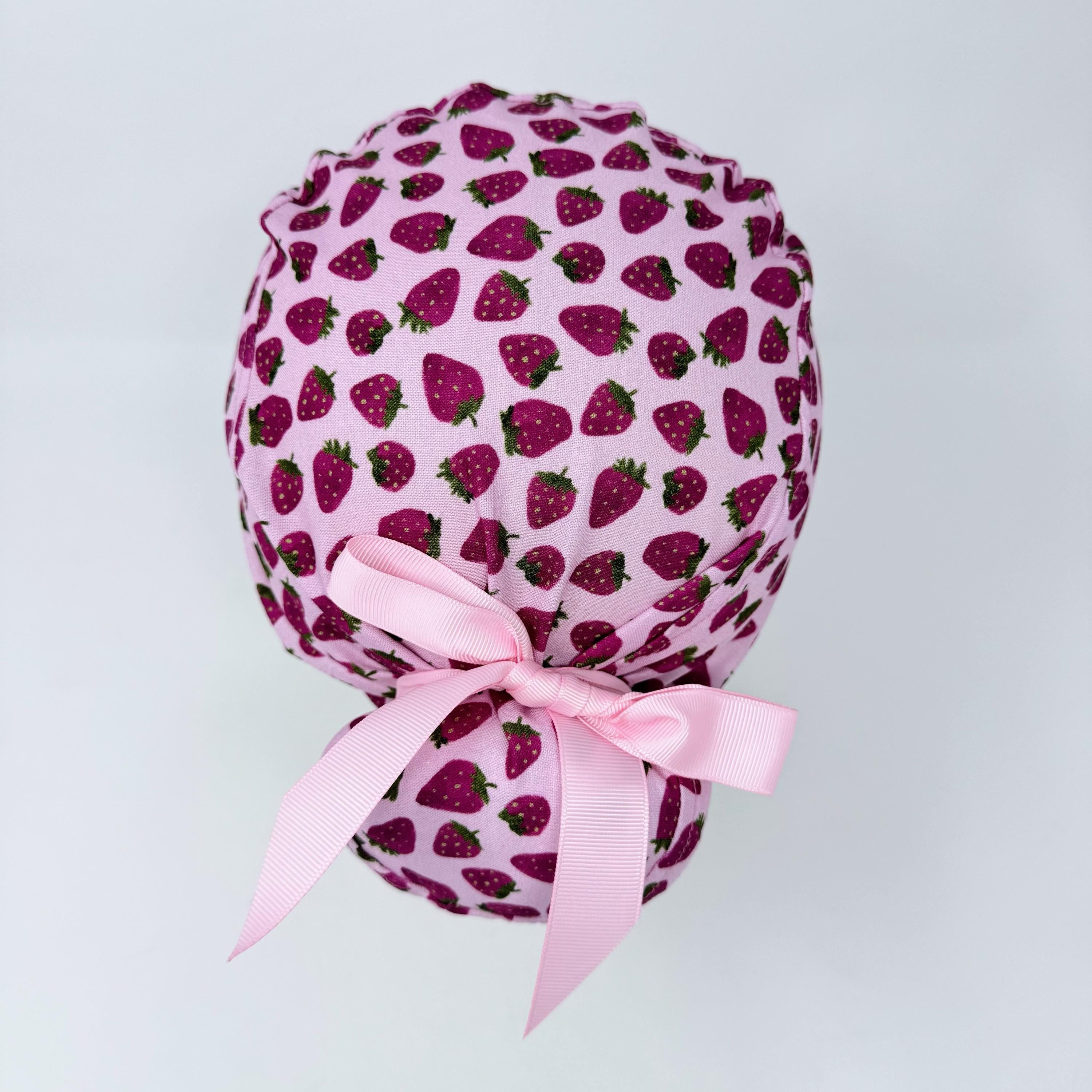 Strawberry Euro scrub cap with ties for Women, Pink European Surgical cap with Satin Lined by Paradise Caps. Euro PLUS style.