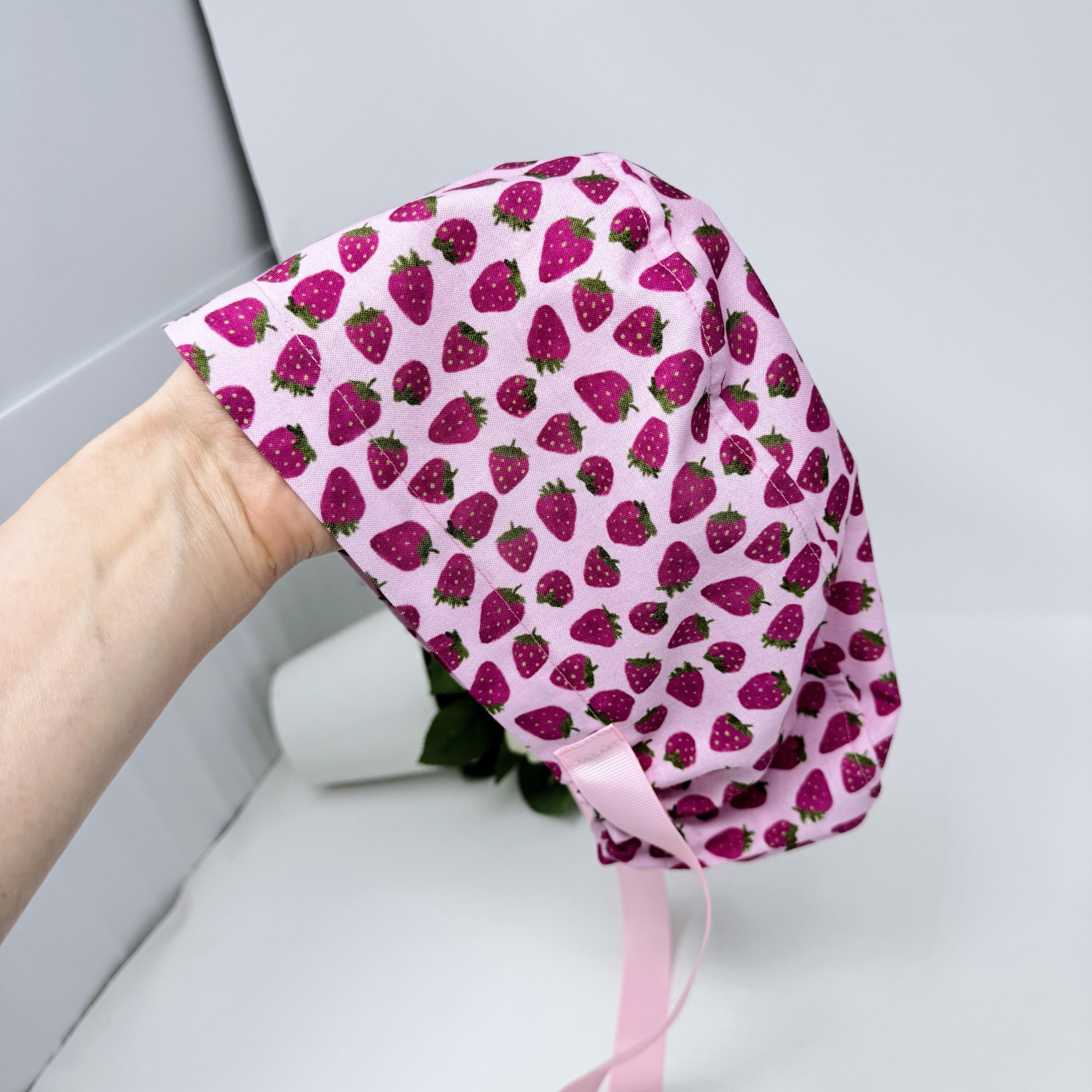 Strawberry Euro scrub cap with ties for Women, Pink European Surgical cap with Satin Lined by Paradise Caps. Euro PLUS style.