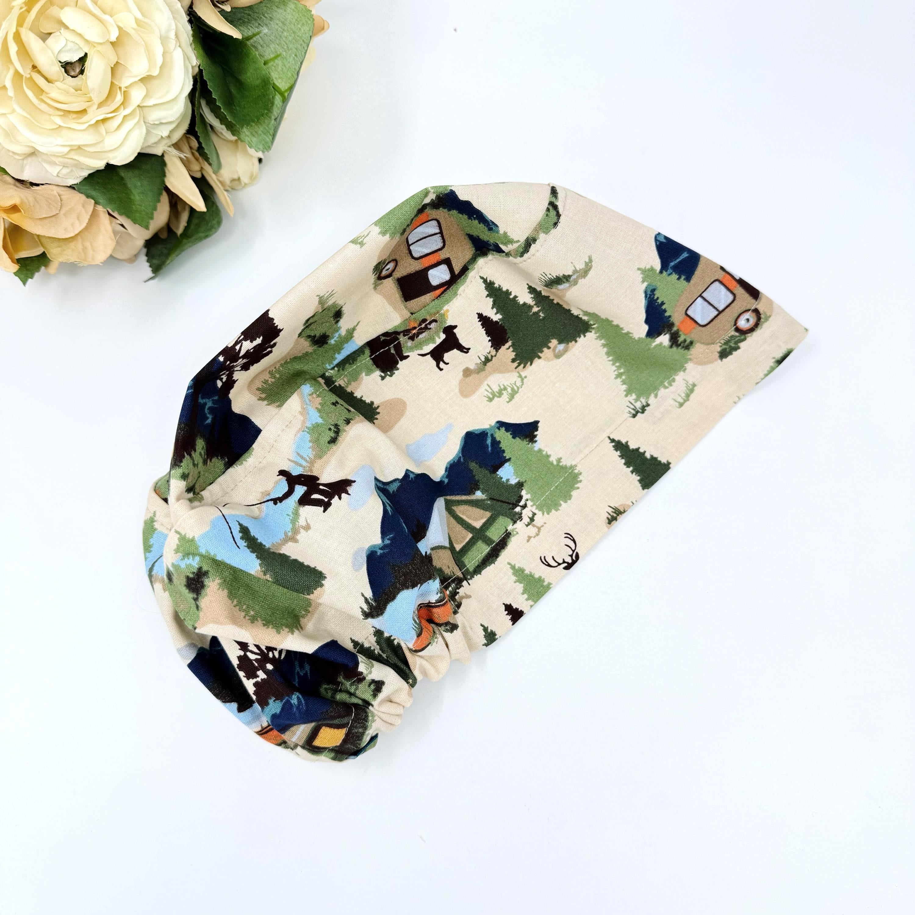 Camping Euro scrub cap for women. Summer European satin lined surgical cap by Paradise Caps.