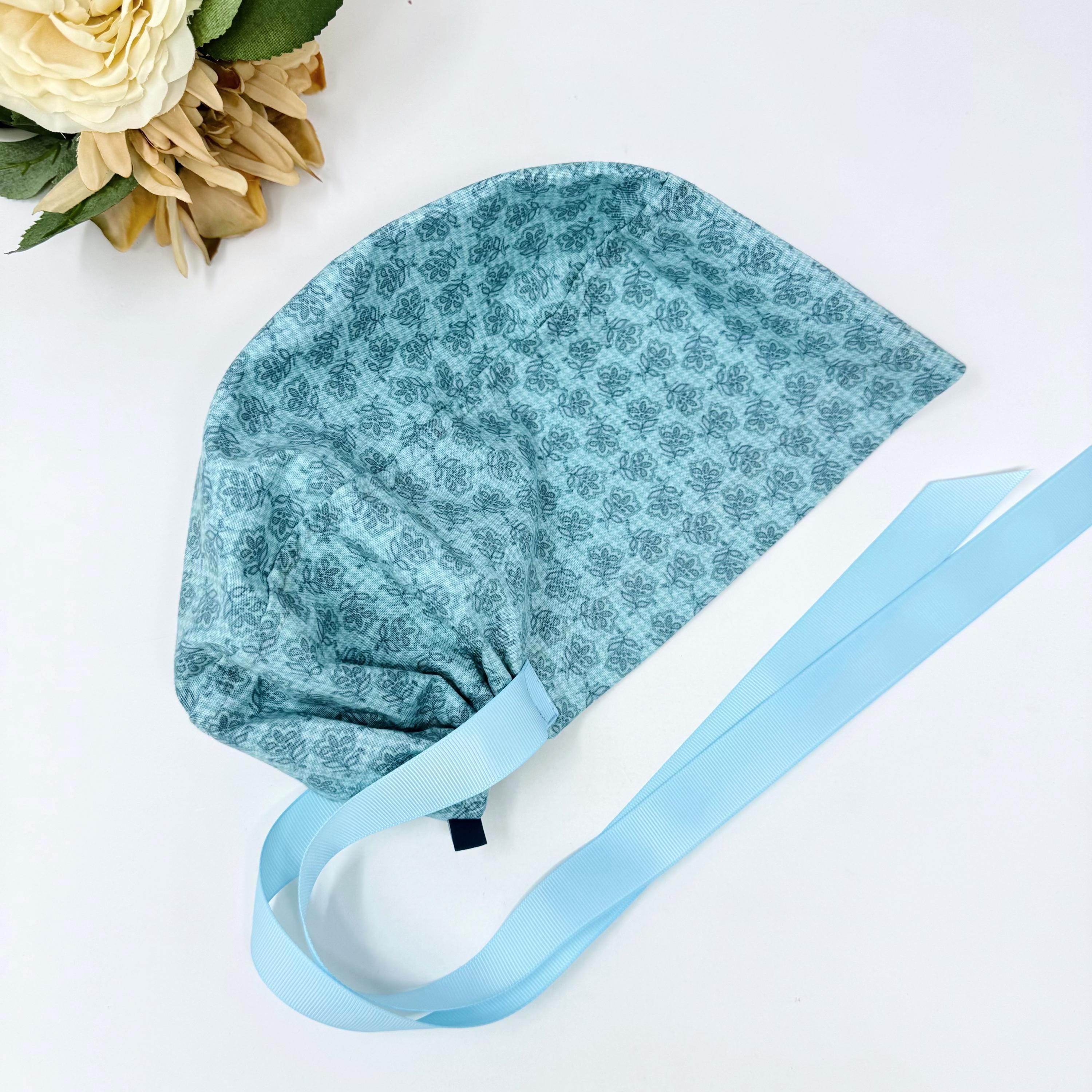 Floral Euro scrub cap with ties for Women, Blue European Surgical cap with Satin Lined option by Paradise Caps. Euro PLUS style.