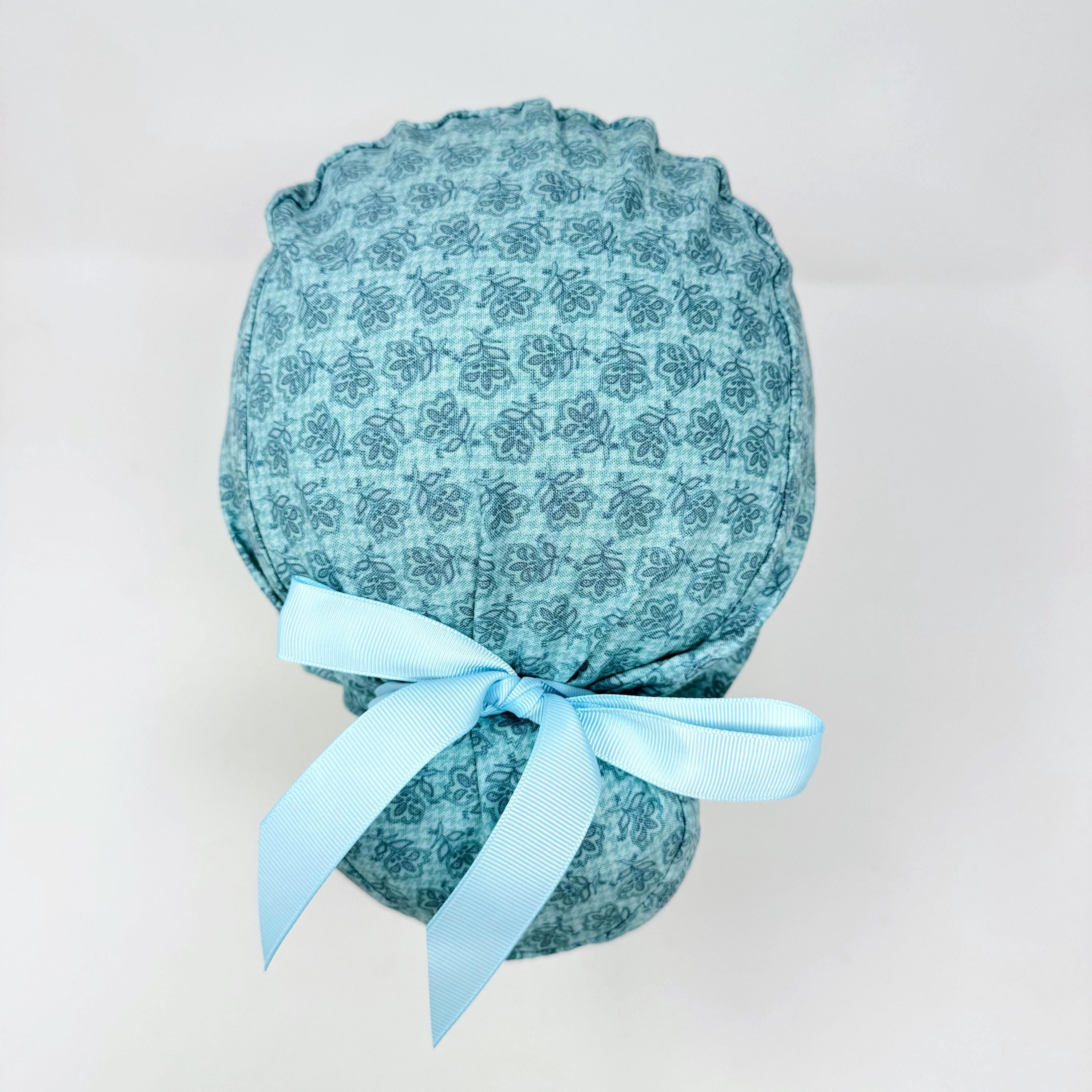 Floral Euro scrub cap with ties for Women, Blue European Surgical cap with Satin Lined option by Paradise Caps. Euro PLUS style.